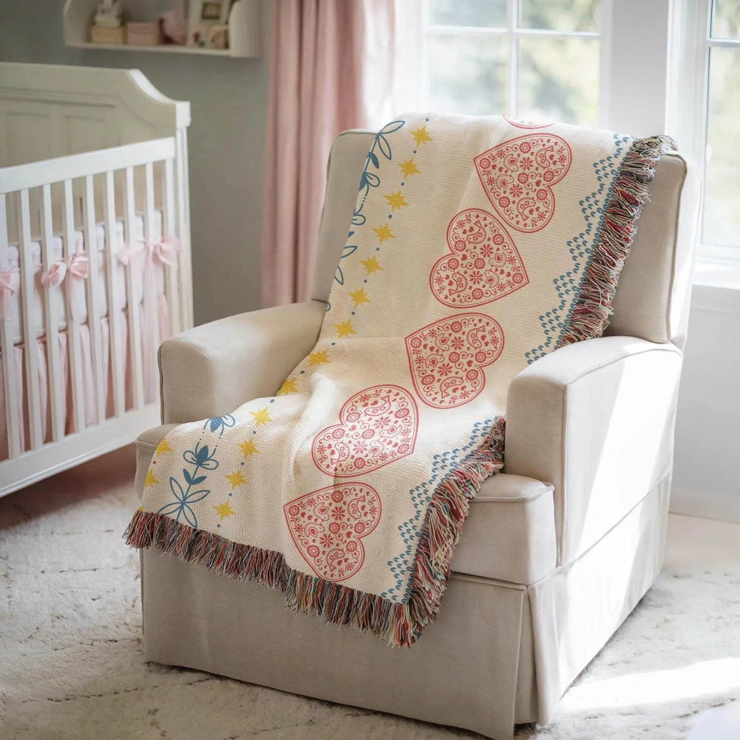 Cotton Woven Swedish Scandi Blanket – Heart Throw with Nordic Star Design - timelessbohochic.com