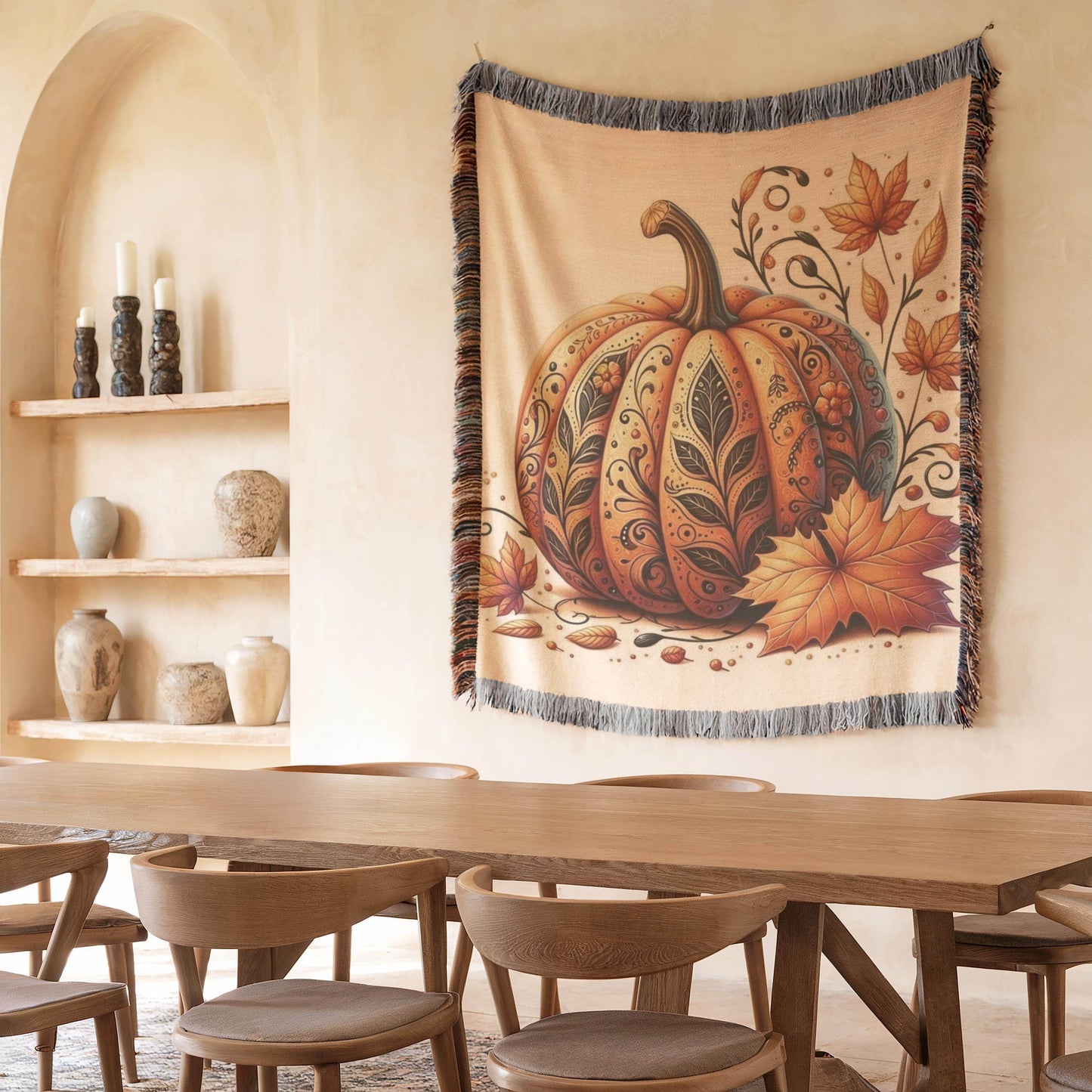 Thanksgiving Throw Tapestry - Pumpkin Wall Art | Cozy Fall Home Decor - timelessbohochic.com