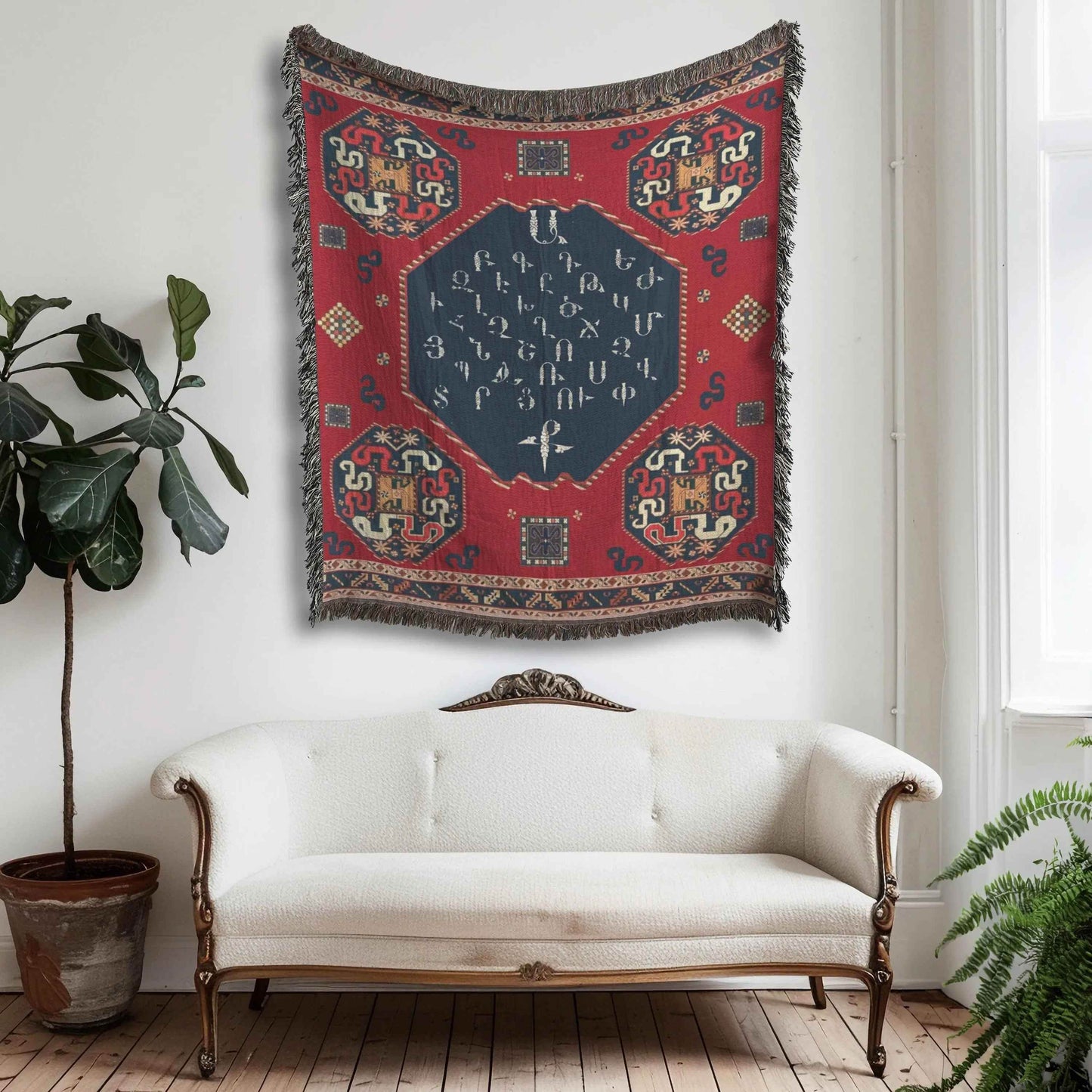 Armenian Alphabet Blanket - Woven Throw Blanket with Fringed Edges, Soft Cotton - timelessbohochic.com