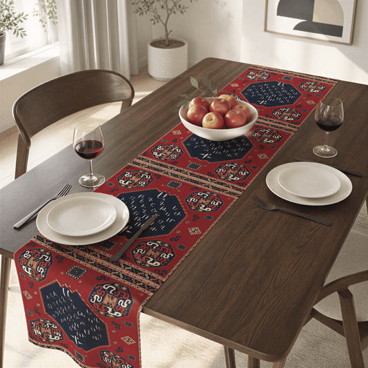 Armenian alphabet table runner in deep red on a dining table with wooden chairs and a bowl of fruit