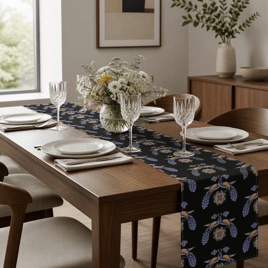 Black Armenian bird and flower table runner on a dining table with wooden chairs and a bowl of fruit