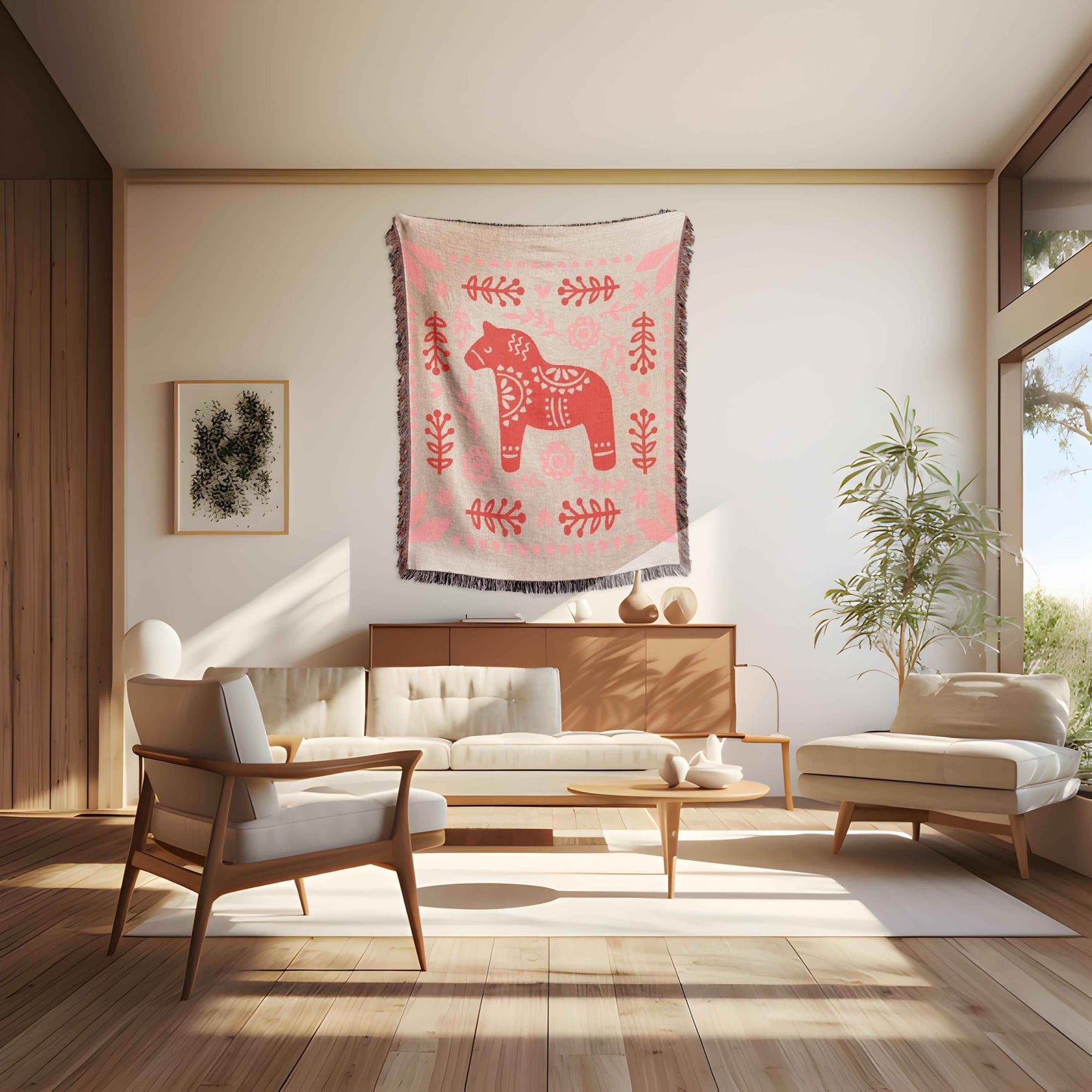 Dala Horse Throw Blanket – Scandinavian Throw With Colorful Fringe, Cozy Cotton Yarn - timelessbohochic.com