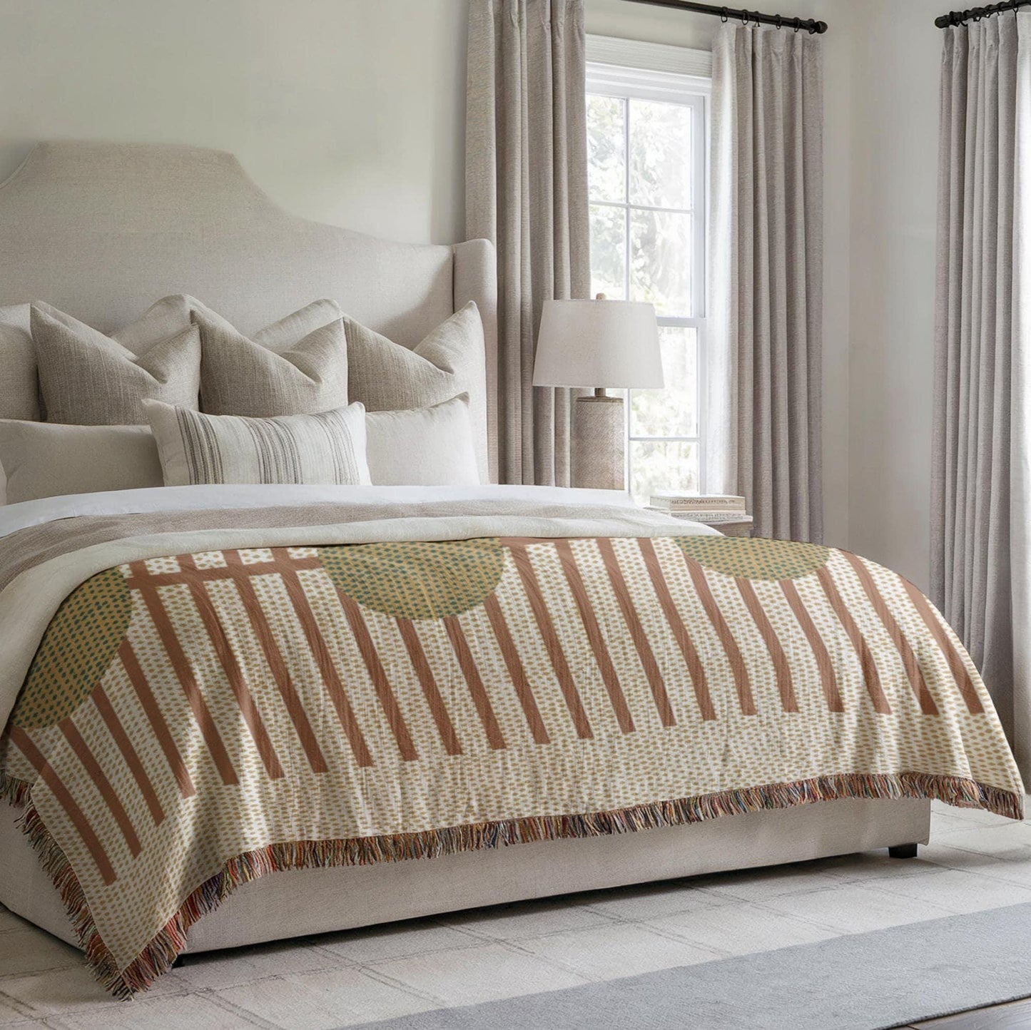 Woven Cotton Blanket - Cozy Rustic Stripe Throw With Green Dots Pattern