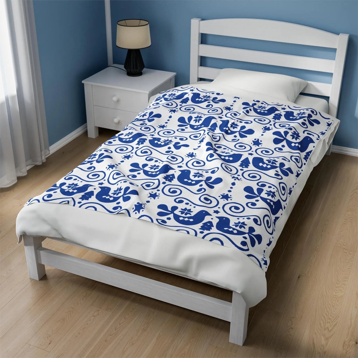 Velveteen Plush Blanket – Scandinavian Blue Bird Throw | Cozy Nordic Decor Gift