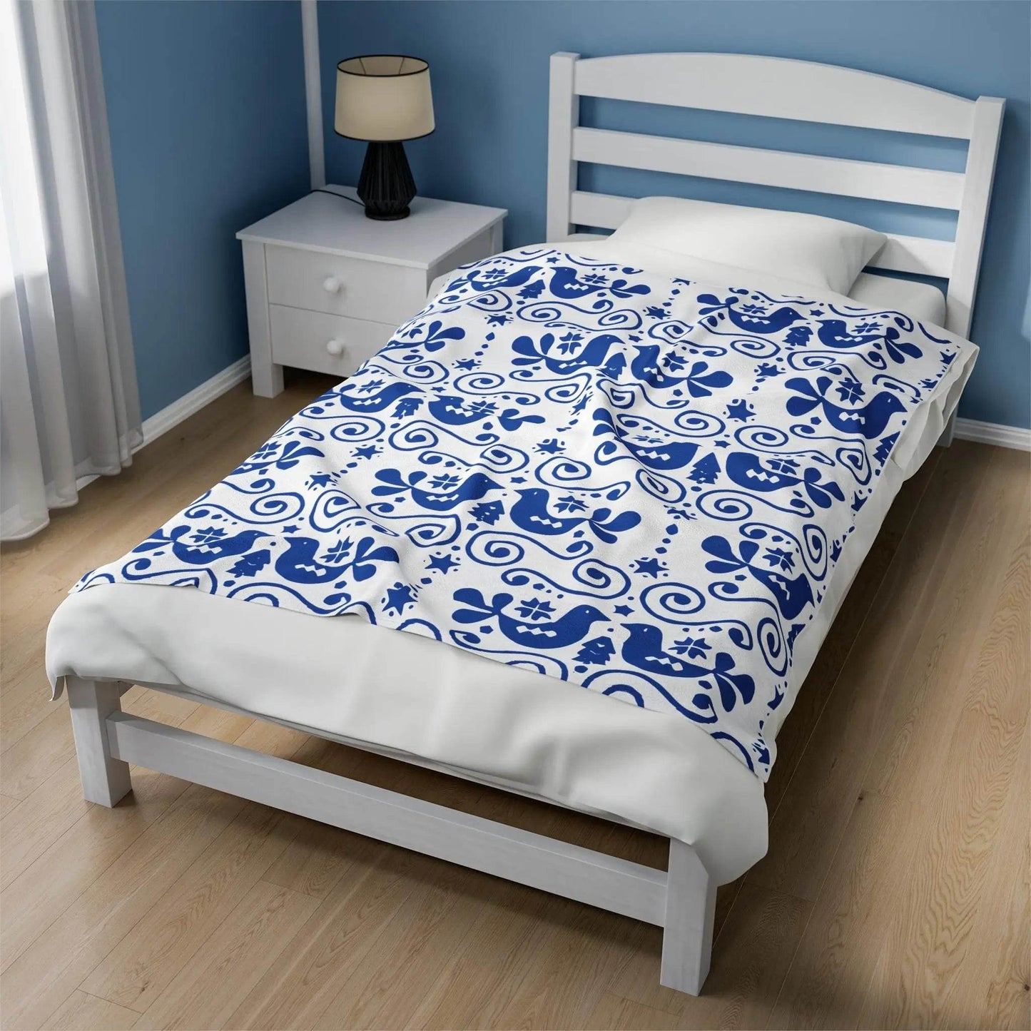 Velveteen Plush Blanket – Scandinavian Blue Bird Throw | Cozy Nordic Decor Gift - timelessbohochic.com