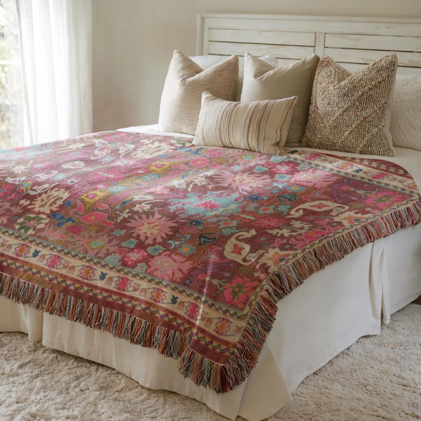 Persian Rug Throw Blanket - Woven Cotton Cozy Living Room Blanket with Colorful Fringed Edges