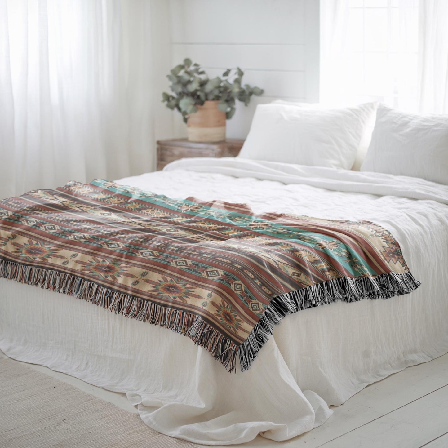 Navajo Pattern Bedding - Southwestern Bed Cover With Colorful Fringed Blanket