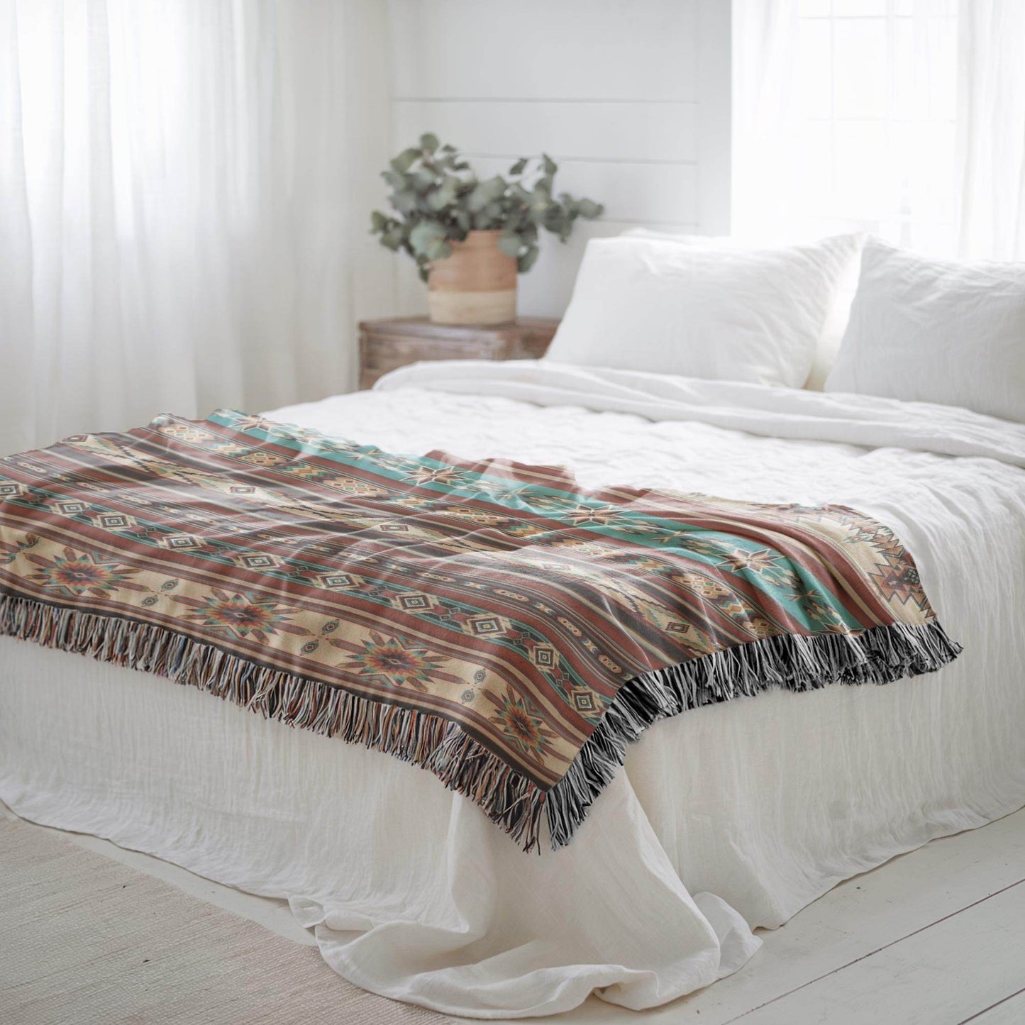 Navajo Pattern Bedding - Southwestern Bed Cover With Colorful Fringed Blanket - timelessbohochic.com
