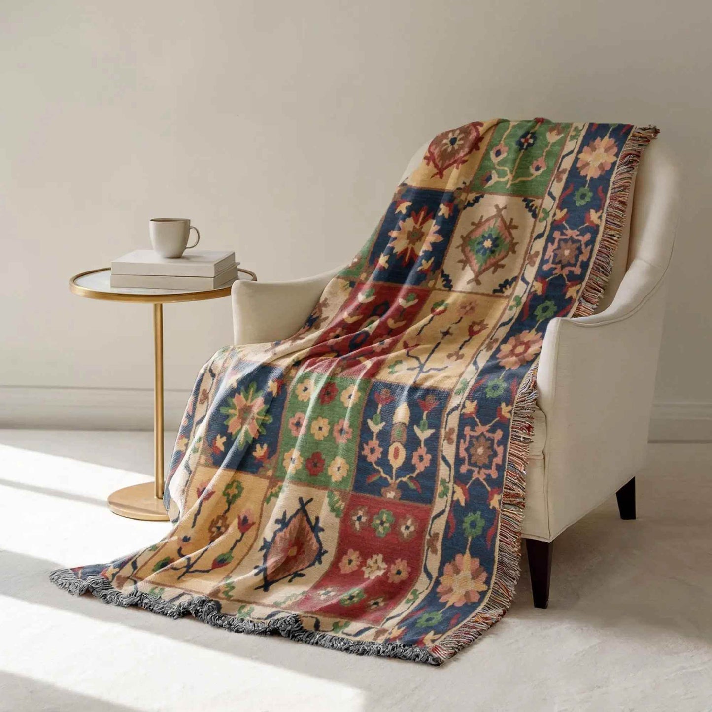 Boho Cotton Throw Blanket - Checkered Floral Design with Colorful Fringed Accents - timelessbohochic.com