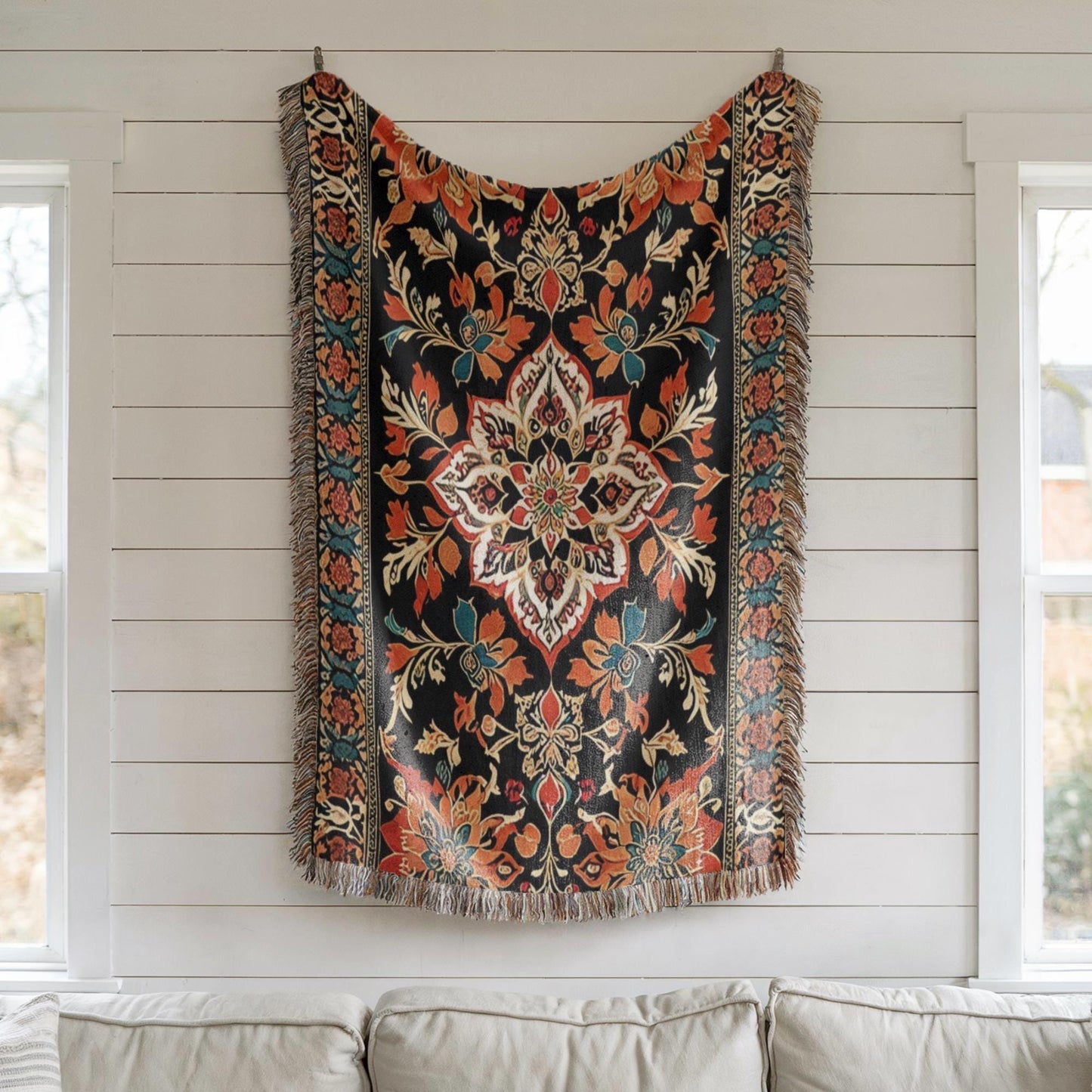 Persian Woven Tapestry - Orange Black Pattern Tapestry | Cozy Wall Hanging Decor