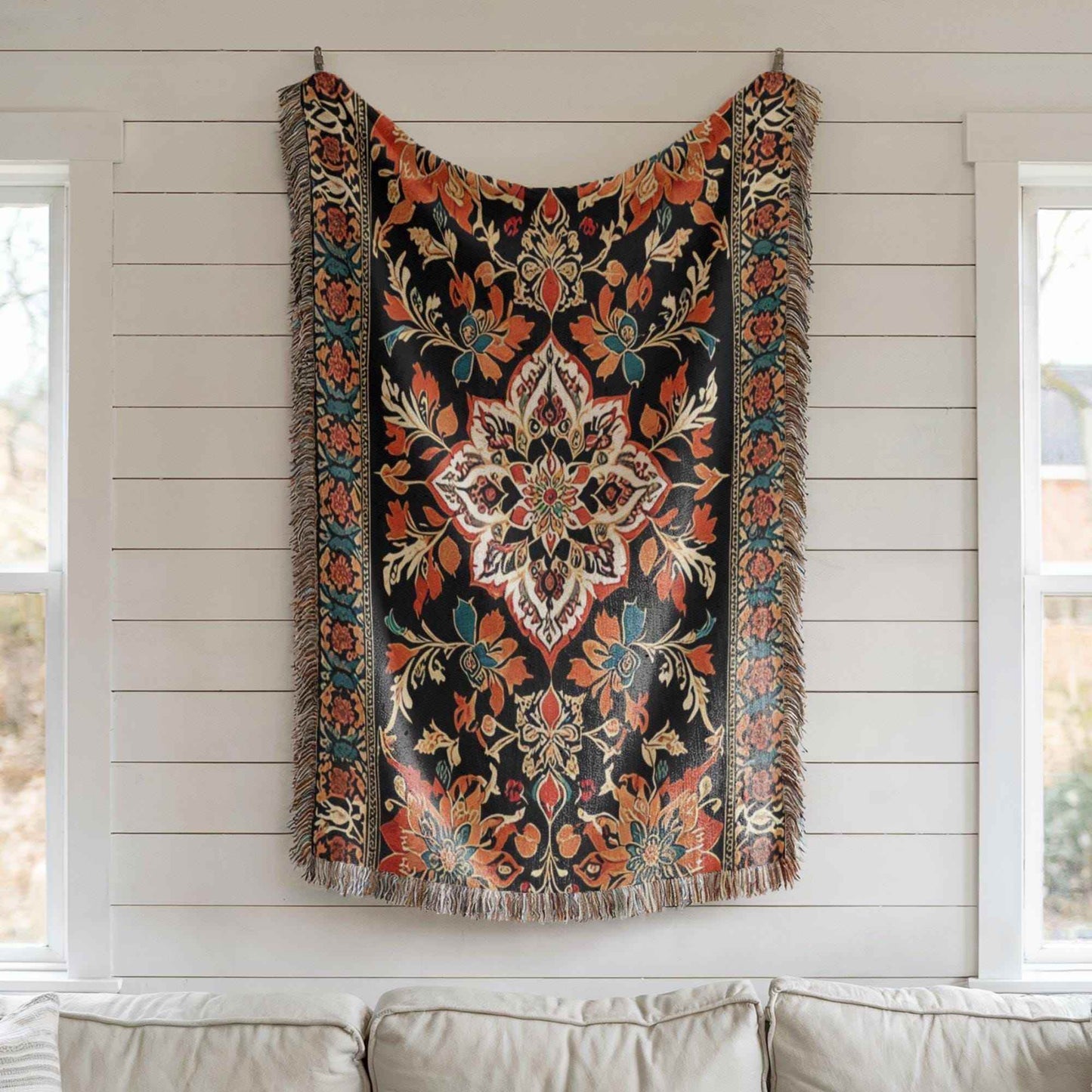 Persian Tapestry Wall Hanging - Orange Black Pattern Cozy Woven Tapestry - timelessbohochic.com