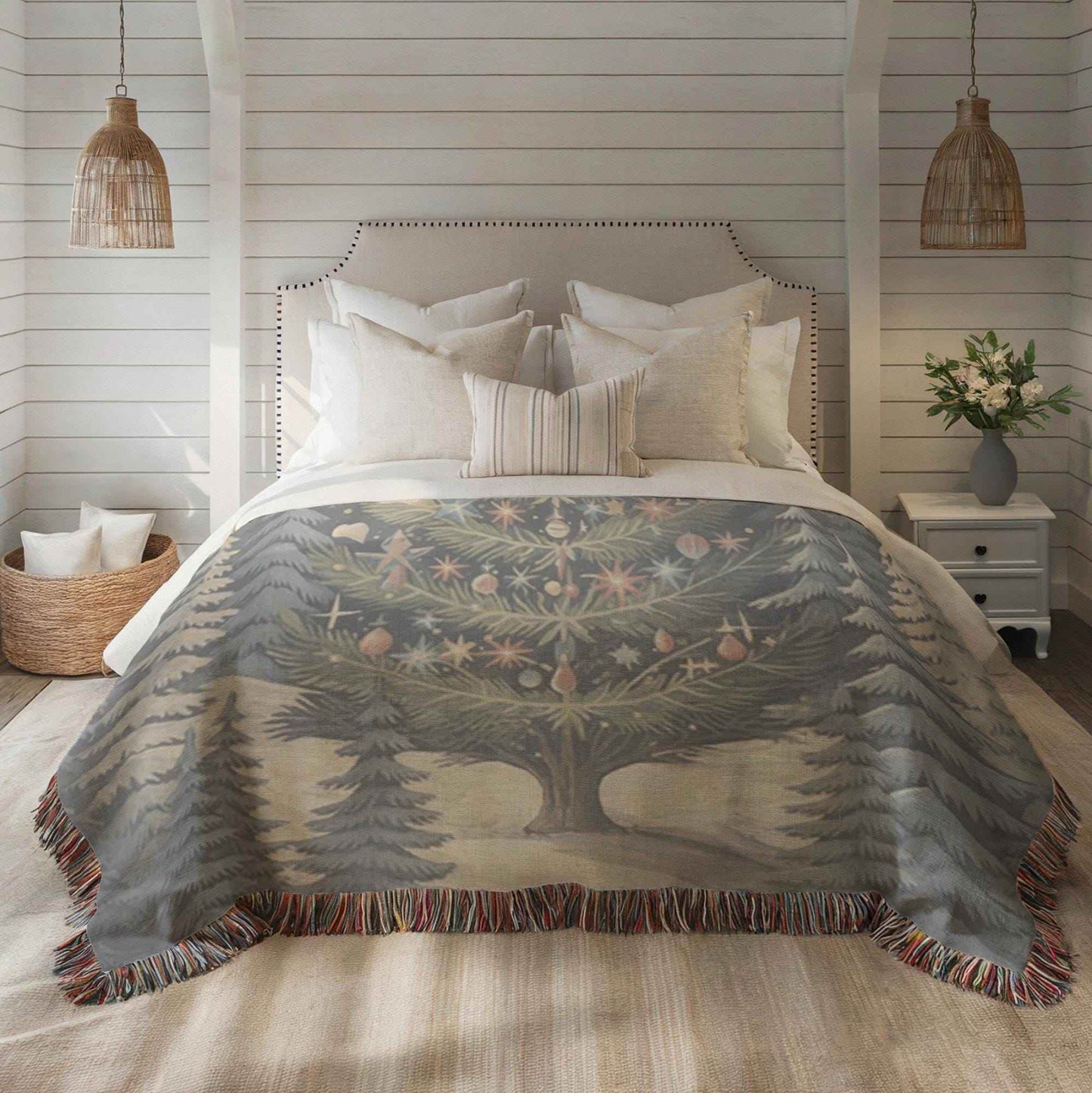 Christmas Tree Blanket - Cozy Woven Cotton Throw With Festive Fringed Edges - timelessbohochic.com