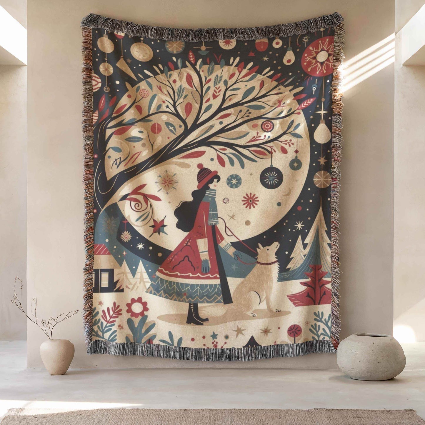 Cozy Cotton Blanket – Holiday Bedding With Winter Village Throw & Folk Art Design - timelessbohochic.com