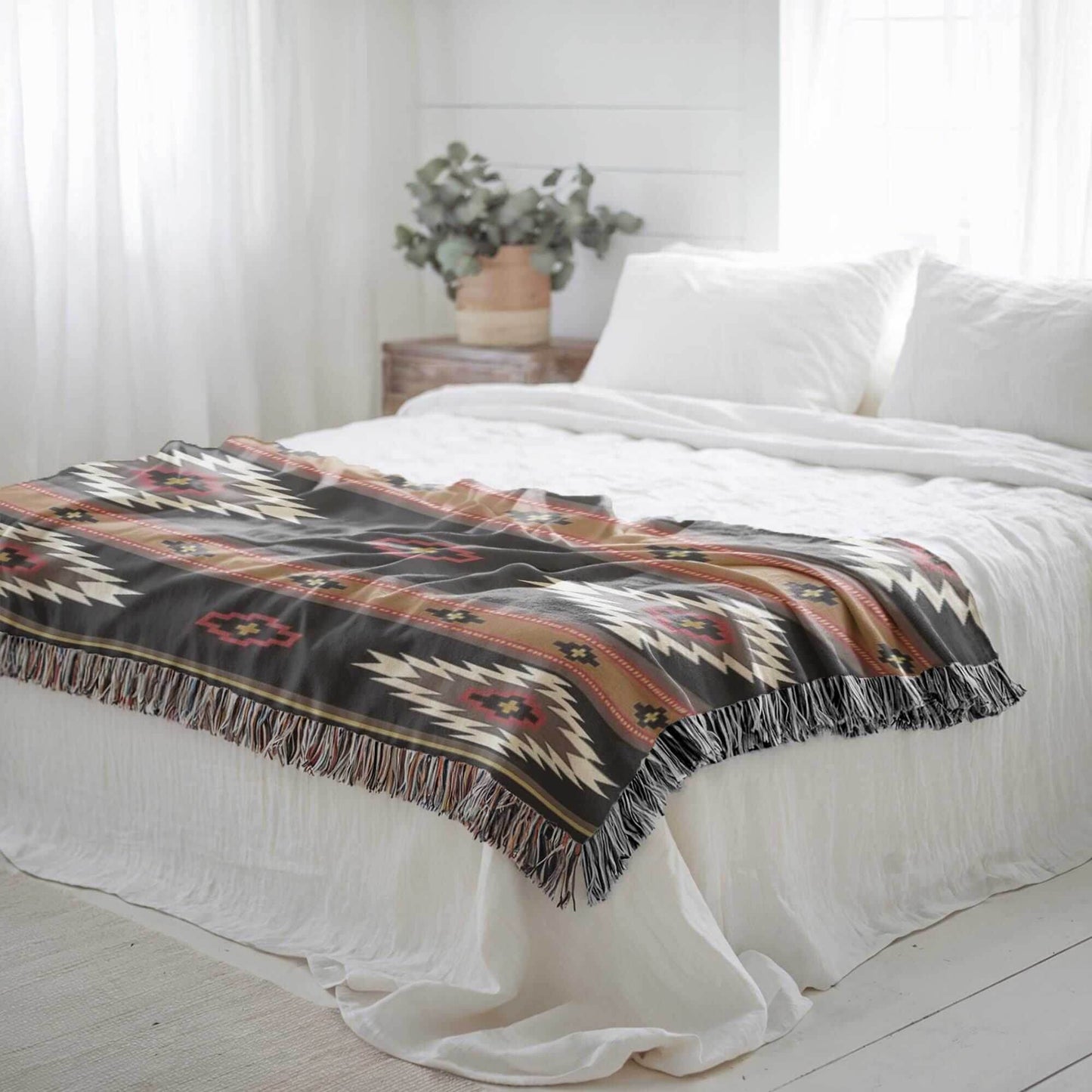Southwestern Cotton Throw Blanket – Cozy Ikat Design with Fringed Edge - timelessbohochic.com