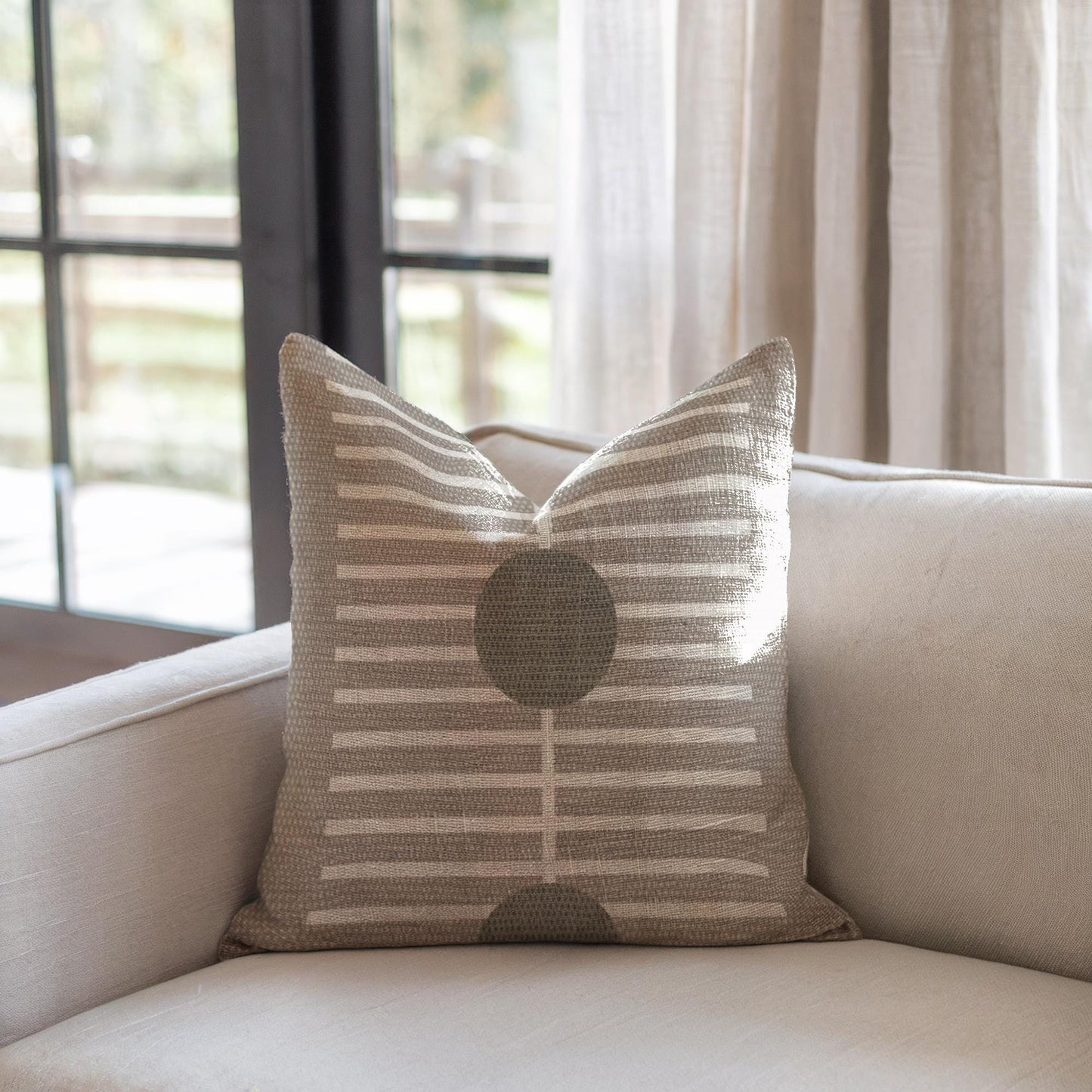 Woven Throw Cushion - Geometric Decor Cream Green Pillow | Modern Home Accent