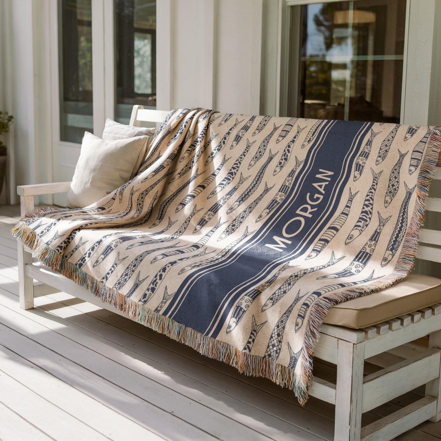 Custom Sardine Blanket | Soft Cotton Woven Throw, Personalized Beach Towel & Coastal Home Decor
