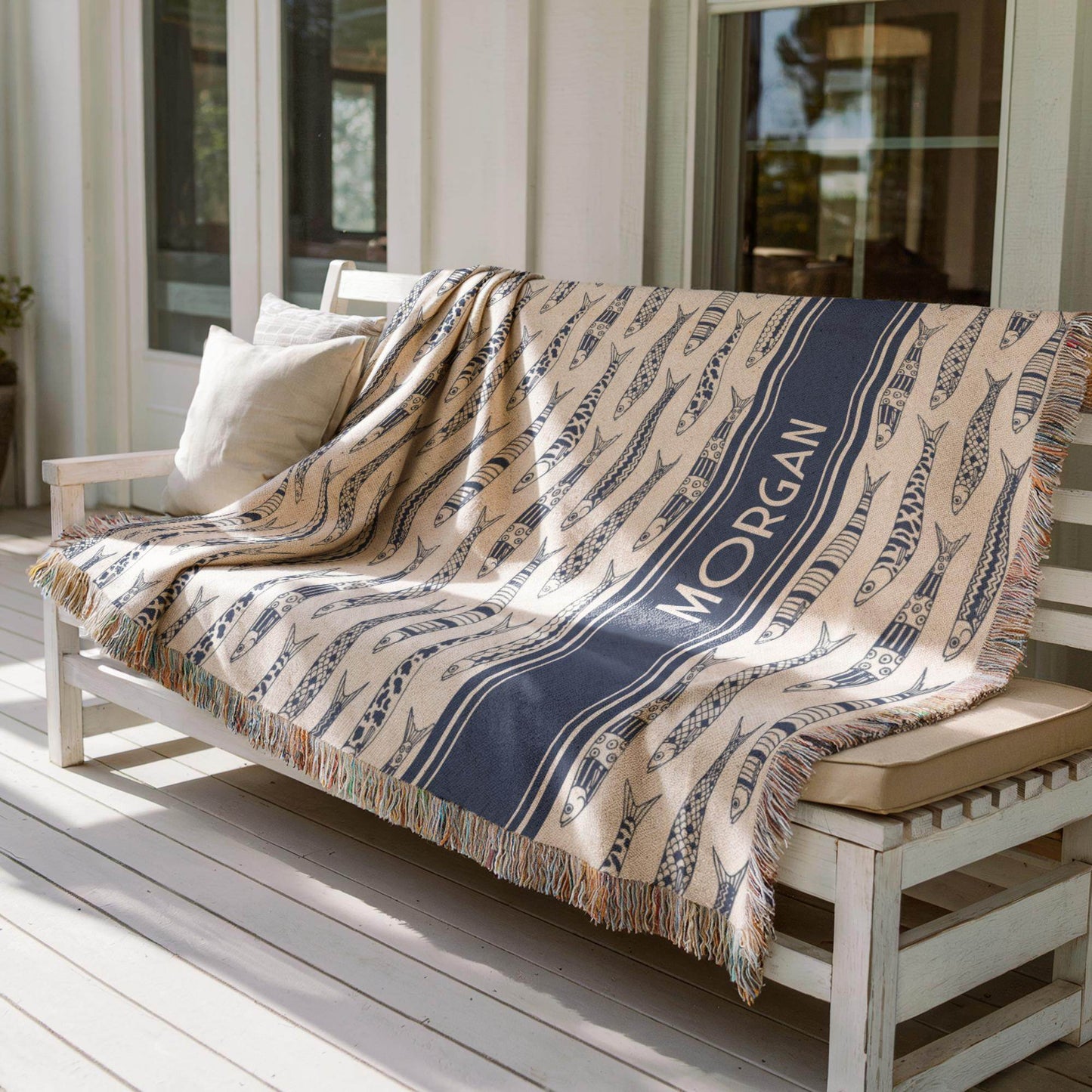 Custom Sardine Blanket | Soft Cotton Woven Throw, Personalized Beach Towel & Coastal Home Decor - timelessbohochic.com