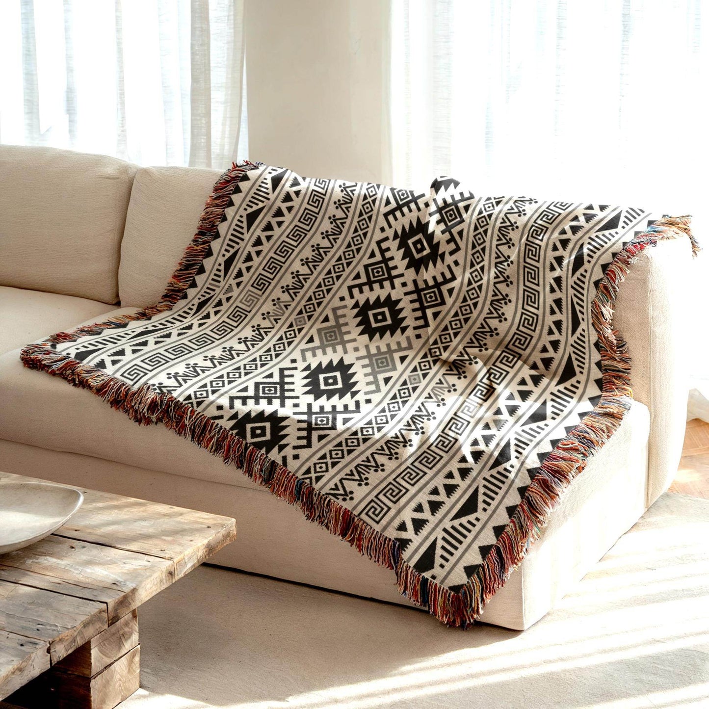 Ikat Throw Blanket - Tribal Throw Blanket | Boho Chic Cotton Fringed Sofa Cover - timelessbohochic.com