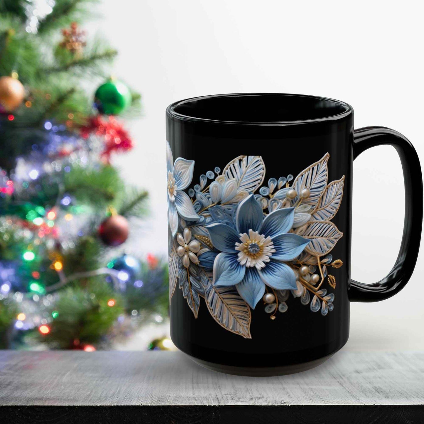 Christmas Ceramic Mug – Pale Blue Poinsettia Design | 11oz Durable Microwave Safe Cup - timelessbohochic.com