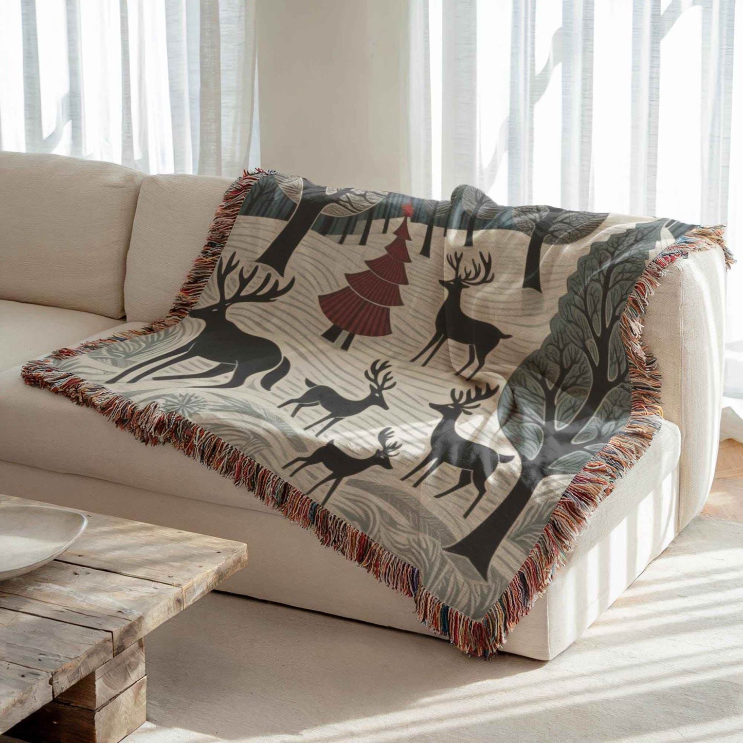 Holiday Couch Cover - Cozy Cotton Throw with Reindeer Blanket | Winter Forest Decor - timelessbohochic.com