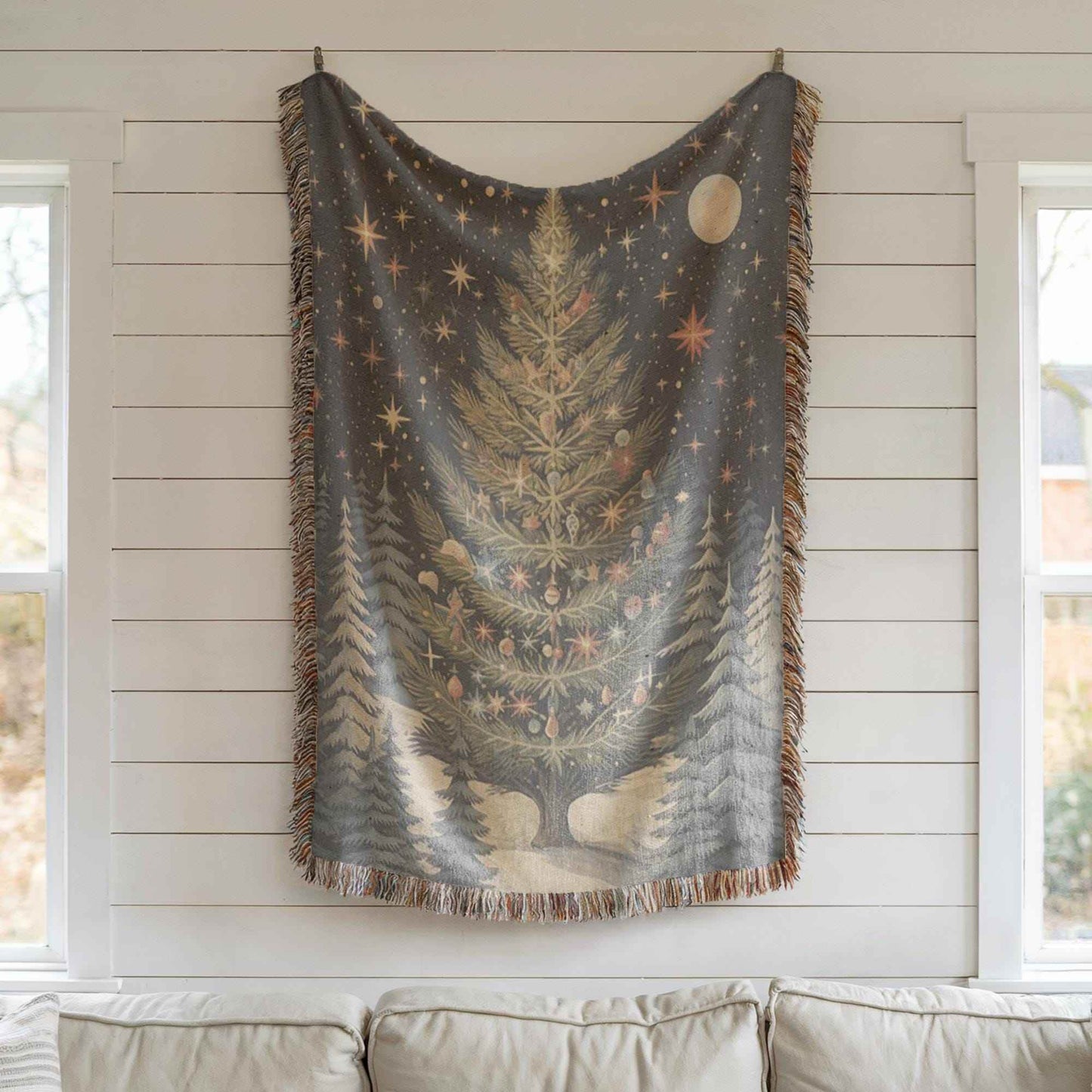 Christmas Tapestry Wall Hanging - Festive Forest Decor Woven Cotton Blanket - timelessbohochic.com