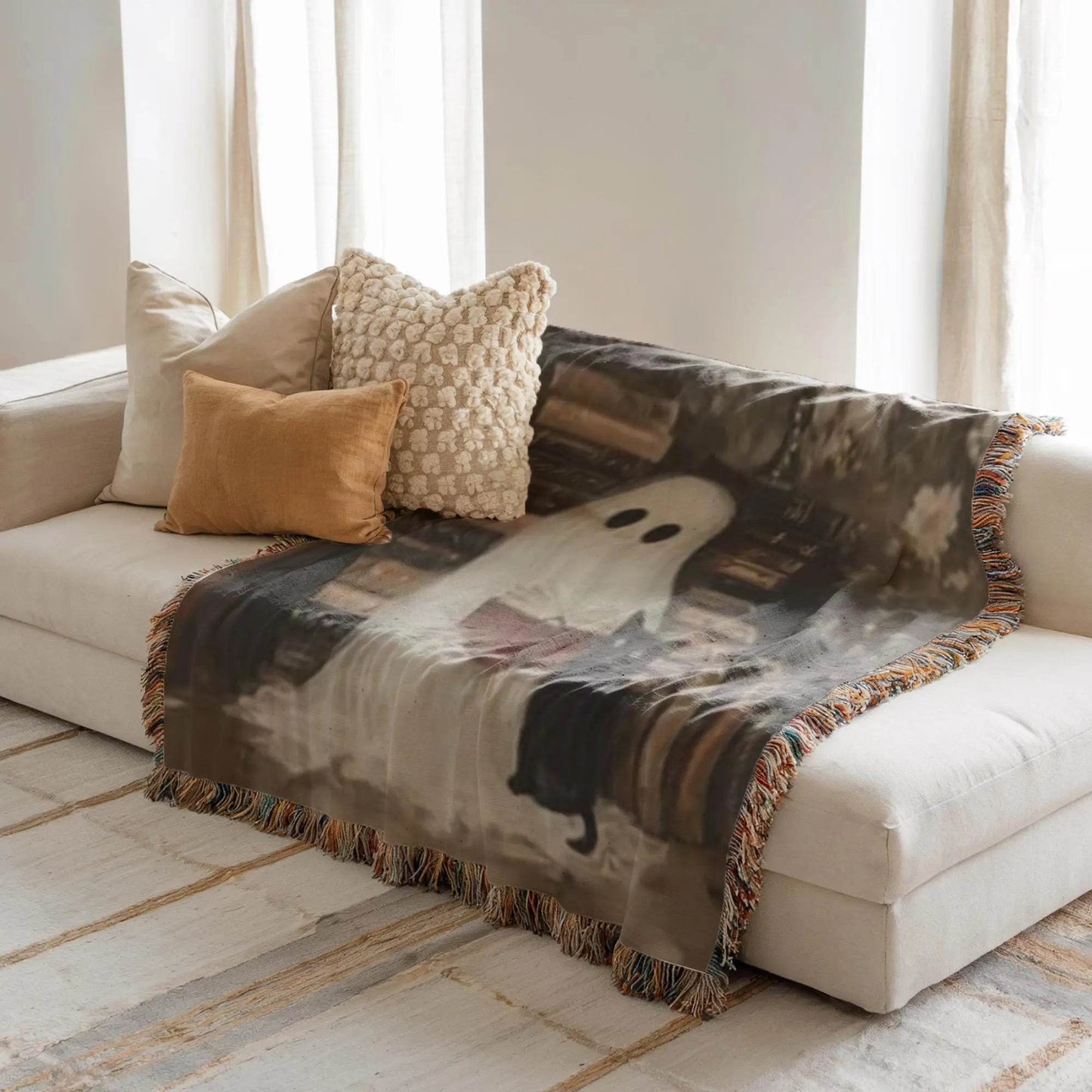Ghost Book Blanket – Cozy Cat Throw | Soft Cotton Cover, Halloween Decor - timelessbohochic.com