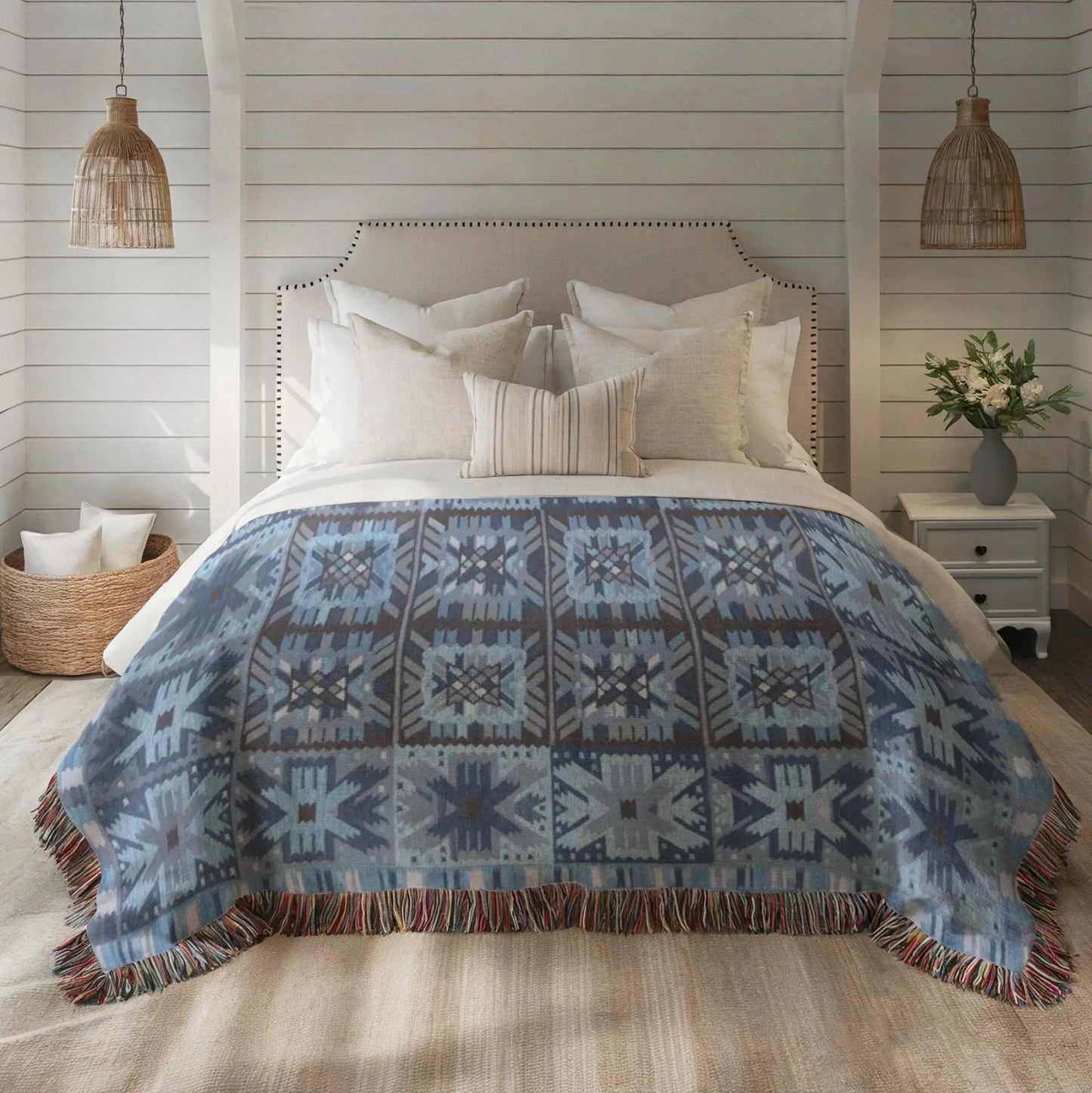 Scandi Woven Blanket – Cozy Bed Throw With Fringed Edge, Nordic Bedding Decor