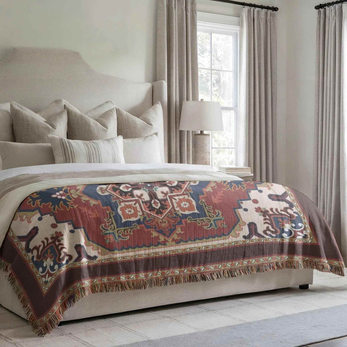 Persian Rug Woven Blanket - Soft Cotton Throw with Fringed Edge - timelessbohochic.com