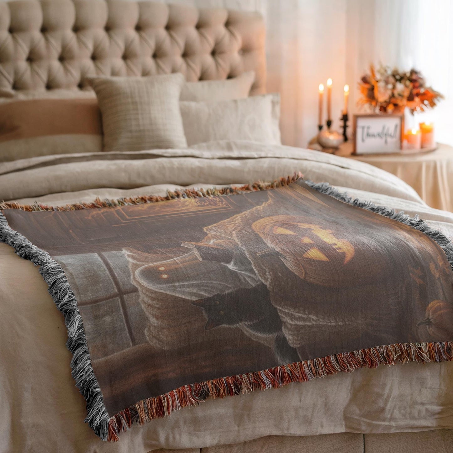 Halloween Throw Blanket - Ghost Cotton Woven Throw with Black Cat Pumpkin Design