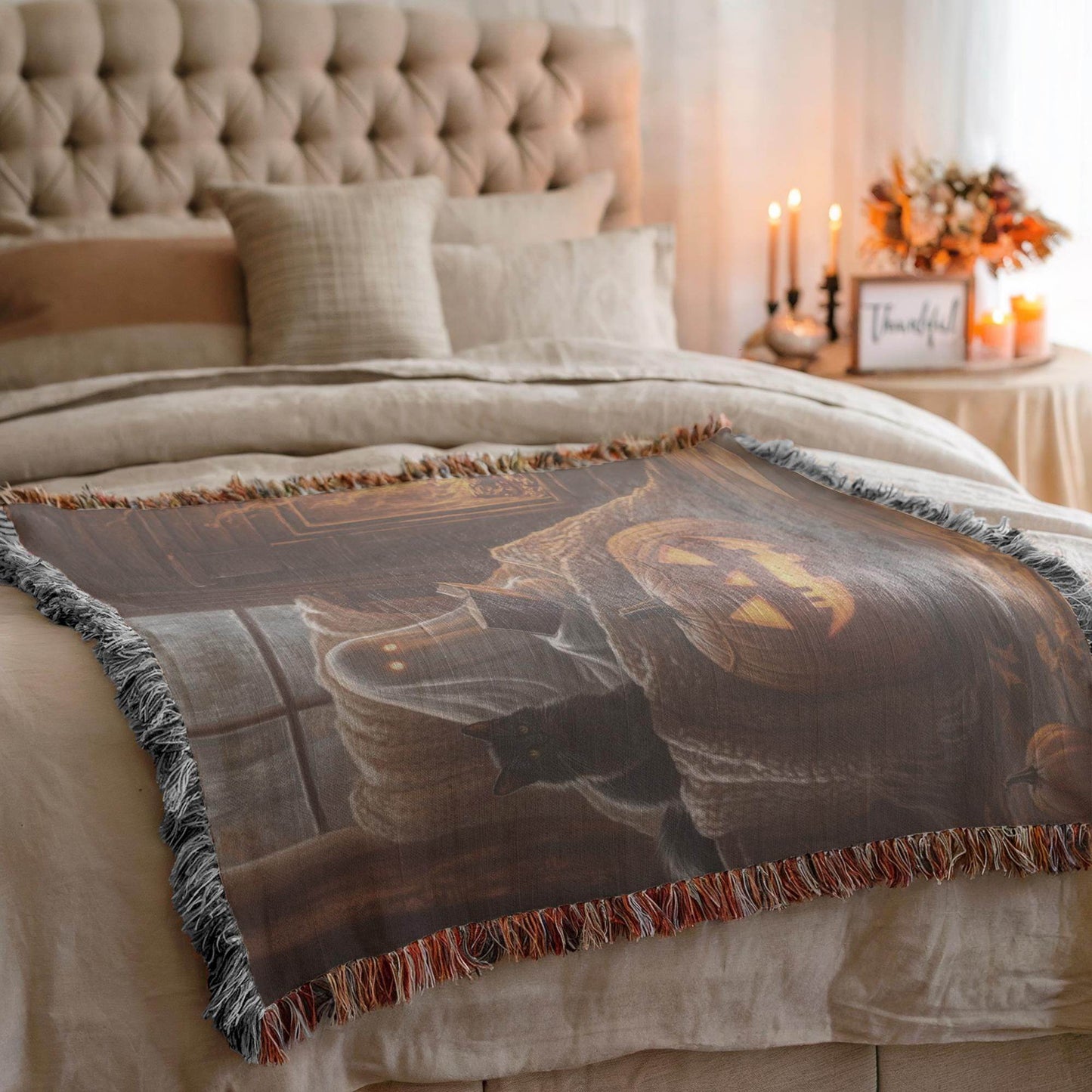 Halloween Throw Blanket - Ghost Cotton Woven Throw with Black Cat Pumpkin Design - timelessbohochic.com