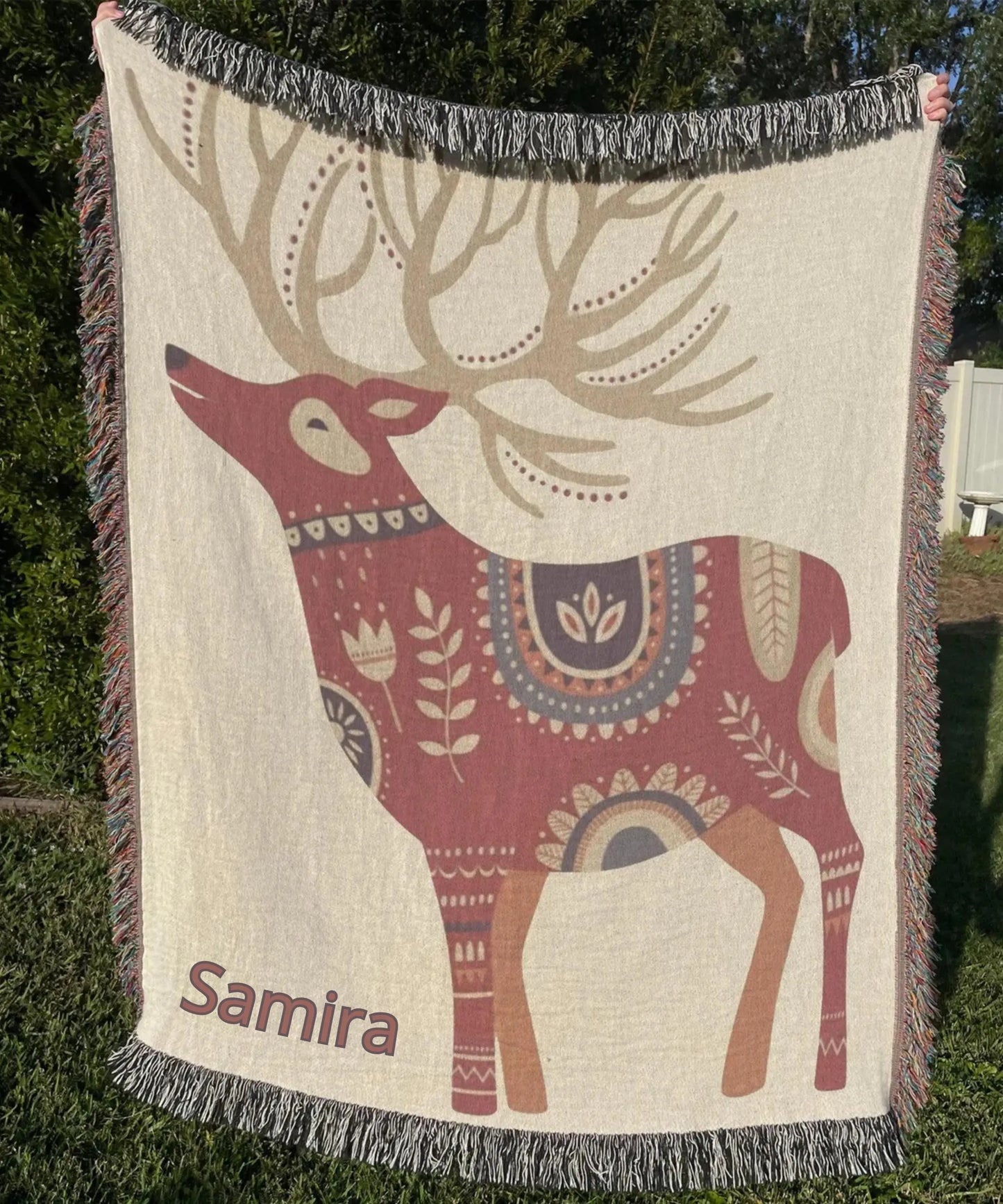 Dala Reindeer Blanket – Scandinavian Throw Woven Cotton Blanket for Cozy Nordic Bedspread