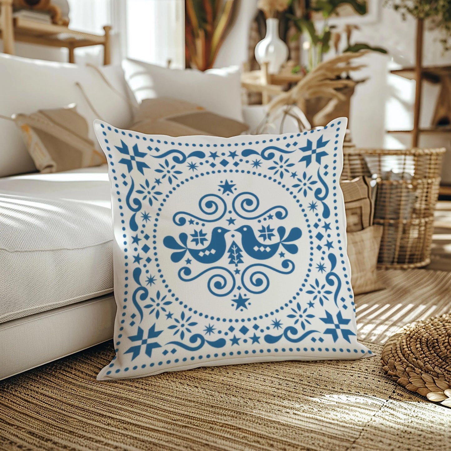 Scandinavian Pillowcase - Double Sided Folk Art Bird Throw Pillow Sham | Soft Polyester Fabric