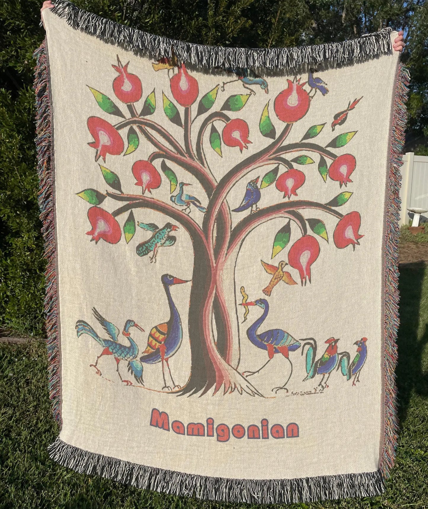 Armenian Tree of Life Blanket - Soft Cotton Woven Throw With Fringe Edge
