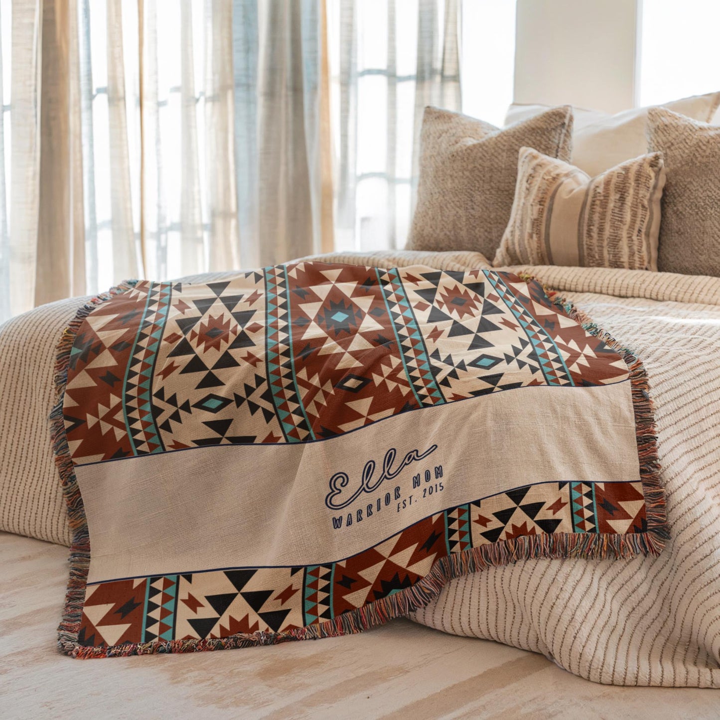 Ikat Throw Blanket – Southwestern Pattern, Cotton Fringed Edge Blanket, Cozy Home Decor