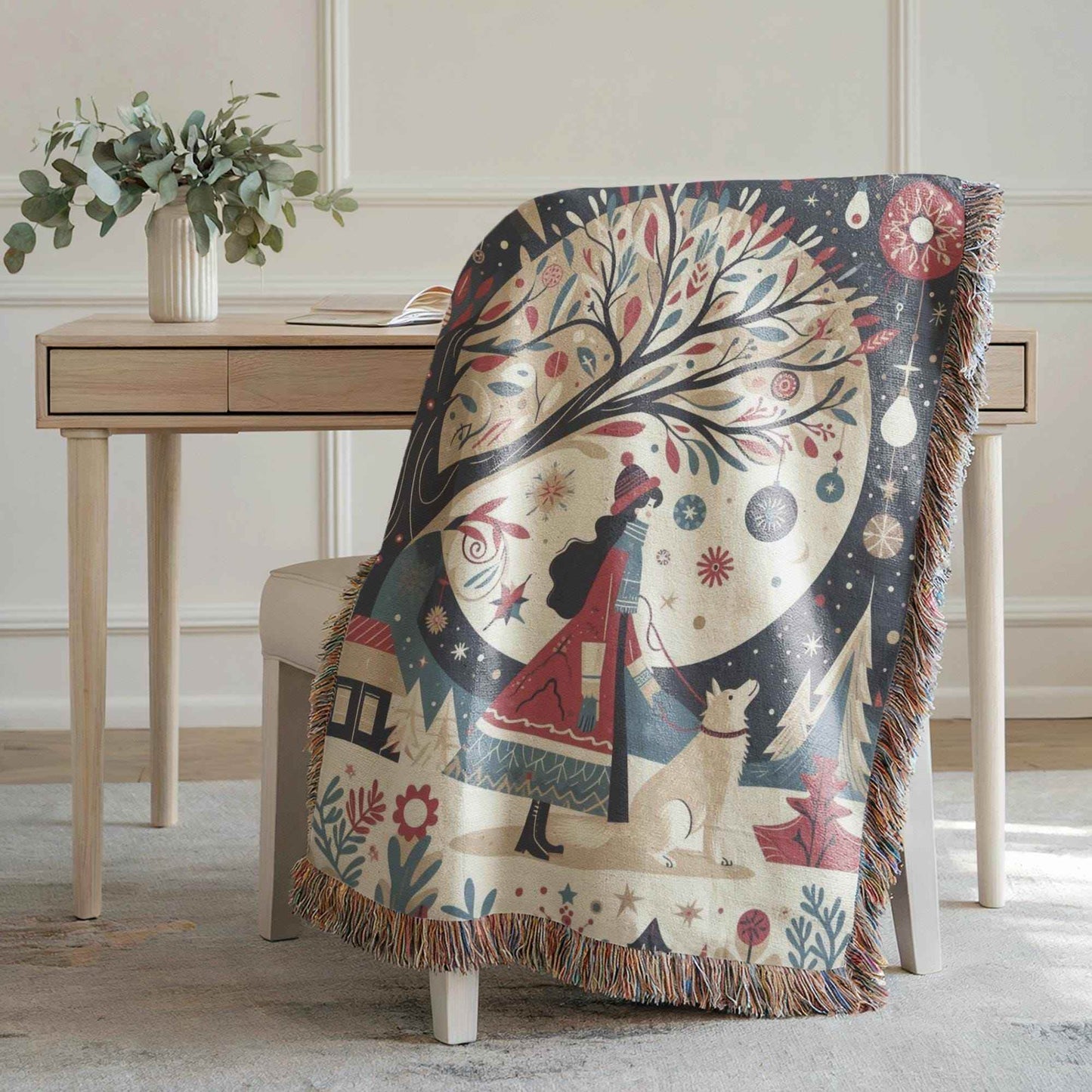 Cozy Cotton Blanket – Holiday Bedding With Winter Village Throw & Folk Art Design - timelessbohochic.com