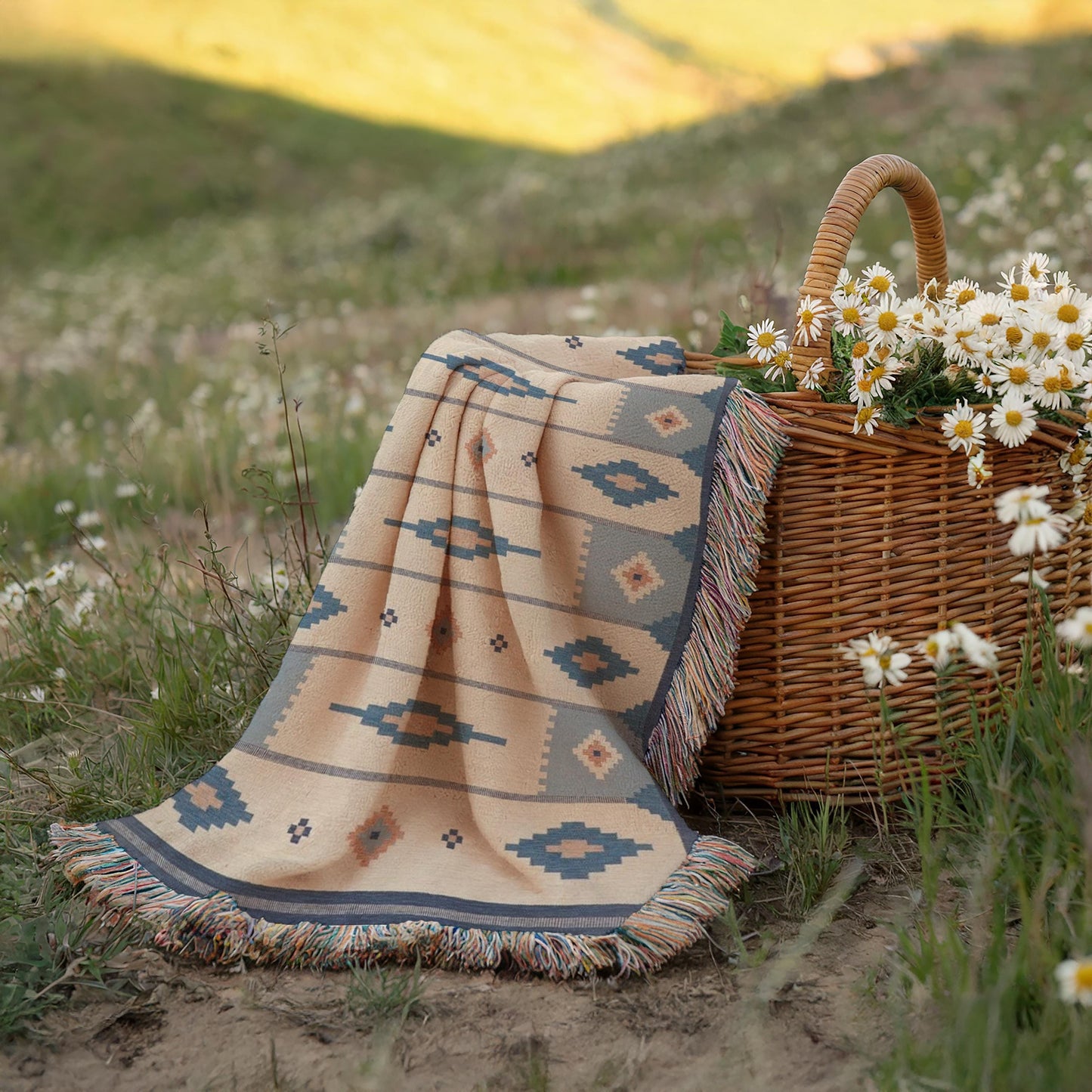 Woven Cotton Blanket – Summer Throw Blanket With Scandi Ethnic Pattern & Colorful Fringed Edges