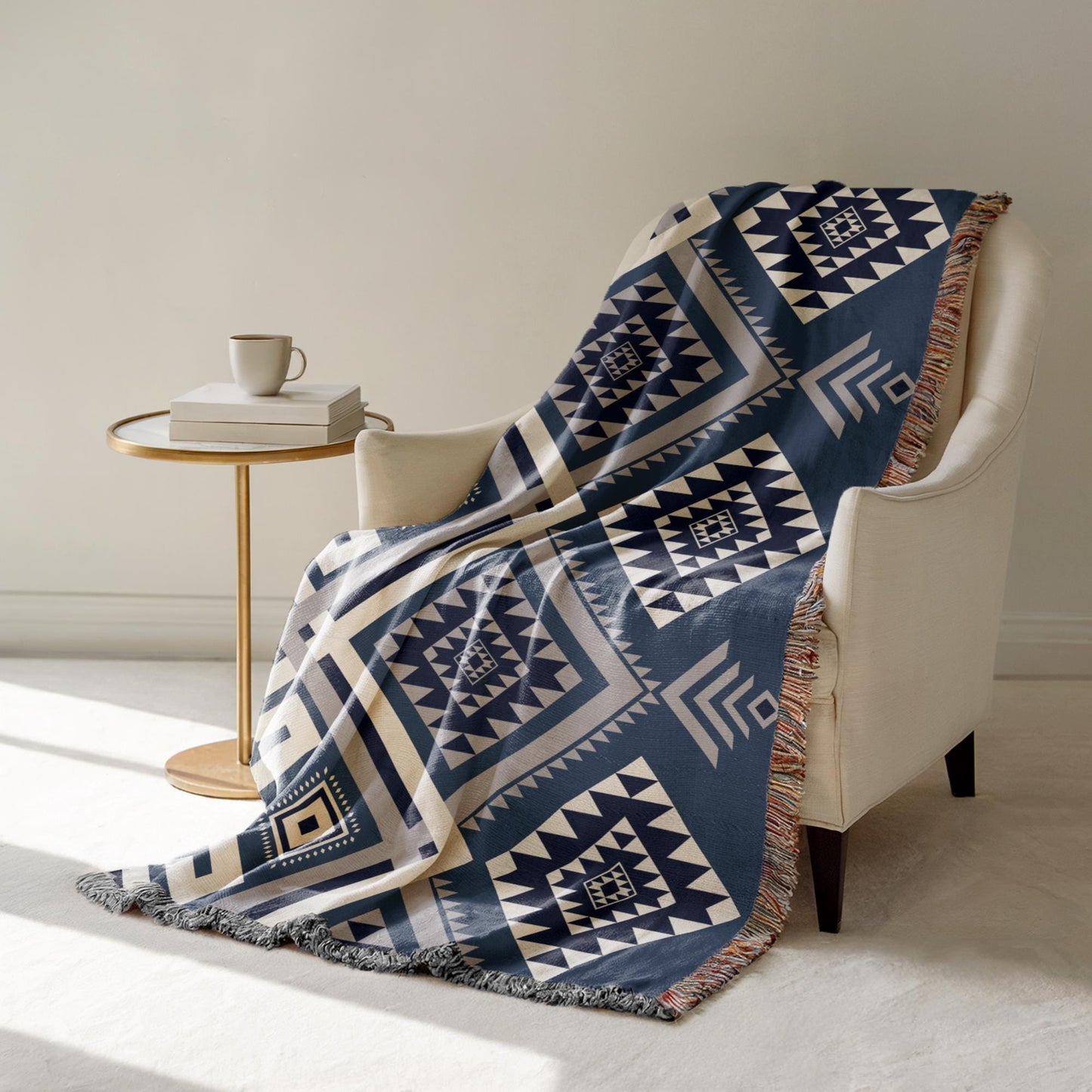 Aztec Throw Blanket – Cotton Tribal Office Chair Throw With Fringed Edges
