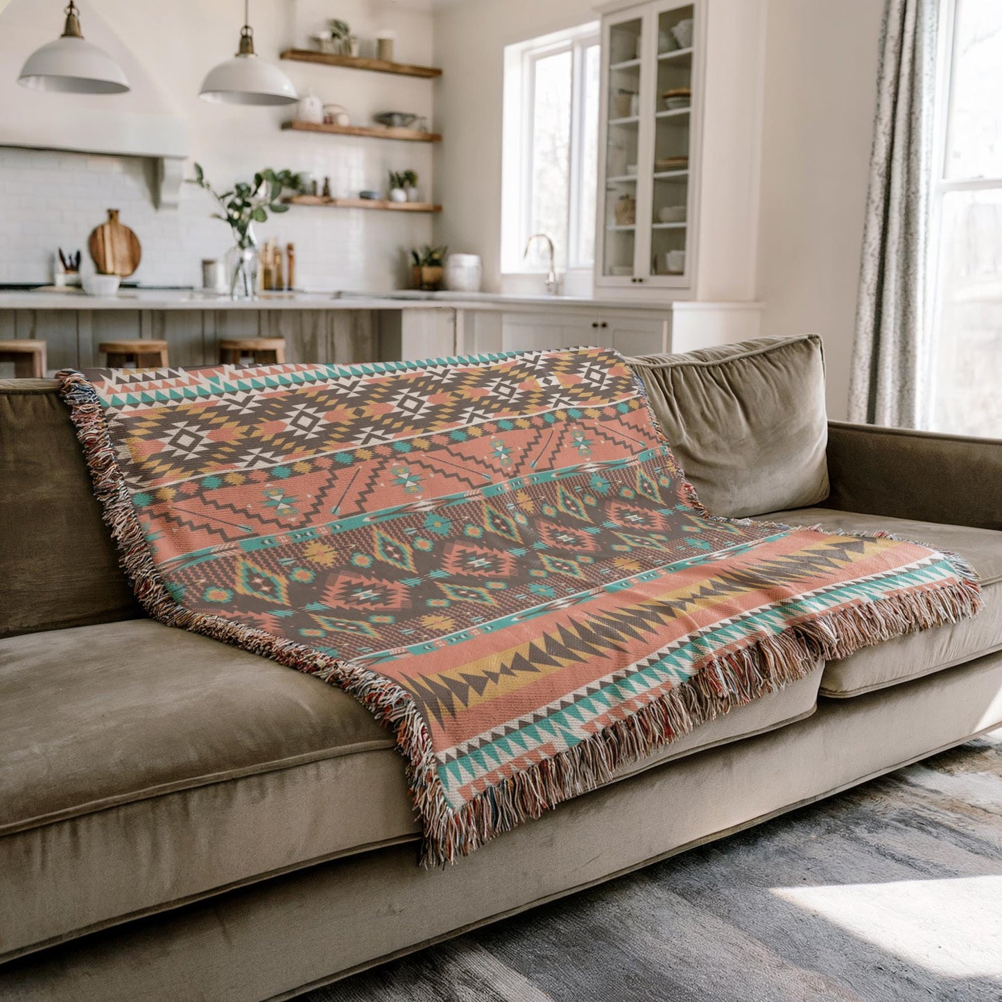 a cozy living room with a brown sofa and a colorful, patterned throw blanket draped over it. The room has a kitchen visible in the background, featuring a sink and various kitchen items.