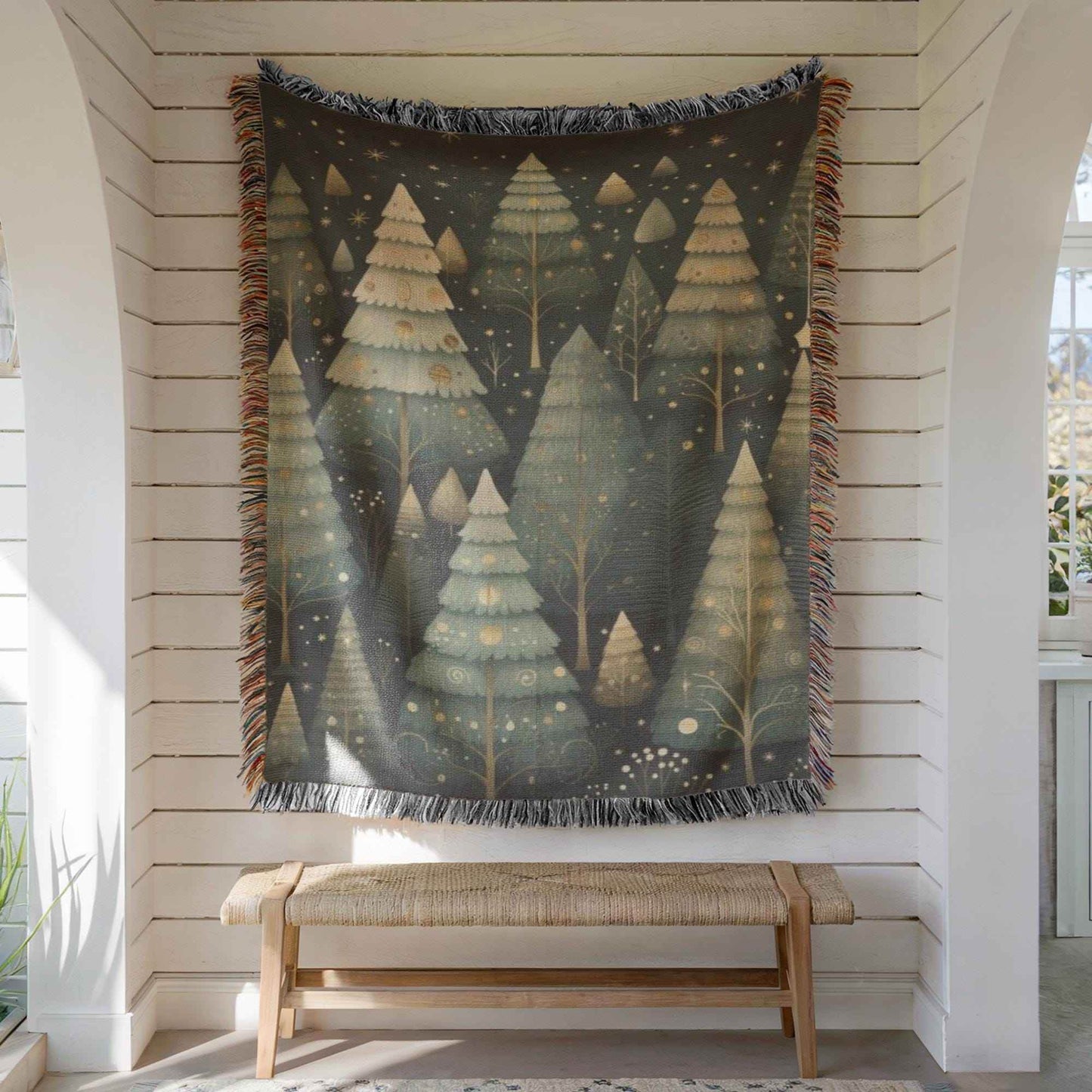 Festive Forest Wall Tapestry – Woven Cotton Blanket with Christmas Trees & Fringed Edges - timelessbohochic.com