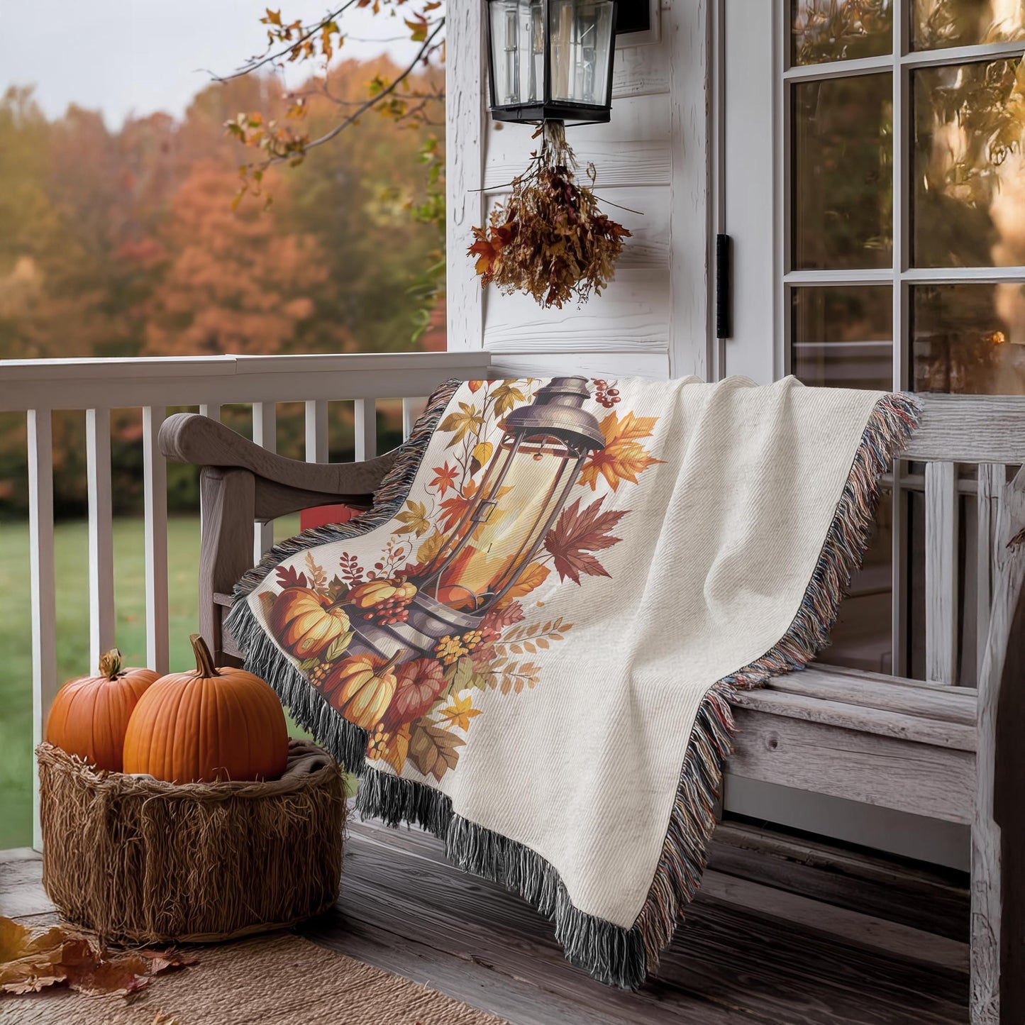 Woven Fall Blanket - Cozy Cotton Fringe Throw With Pumpkin Decor & Lantern Design