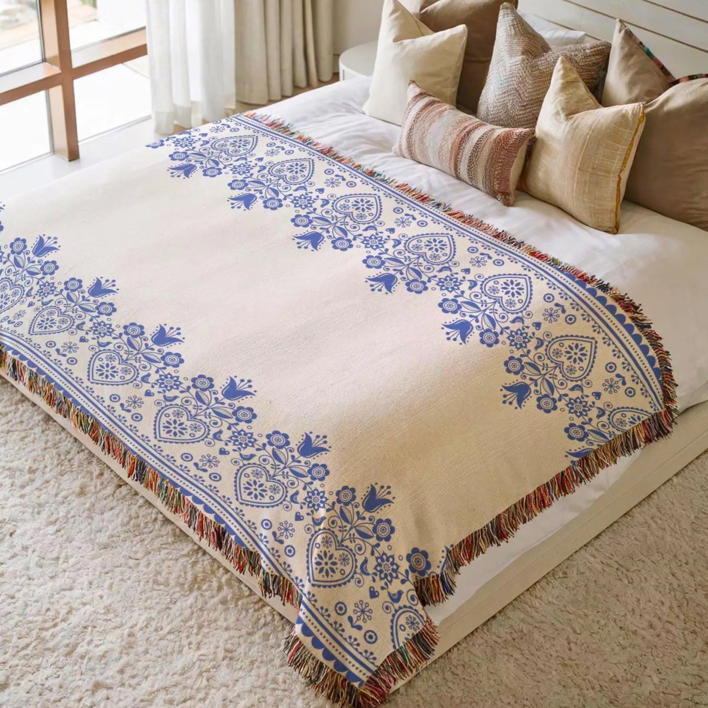 Swedish Woven Blanket – Cozy Scandinavian Throw With Hearts And Tulips Design