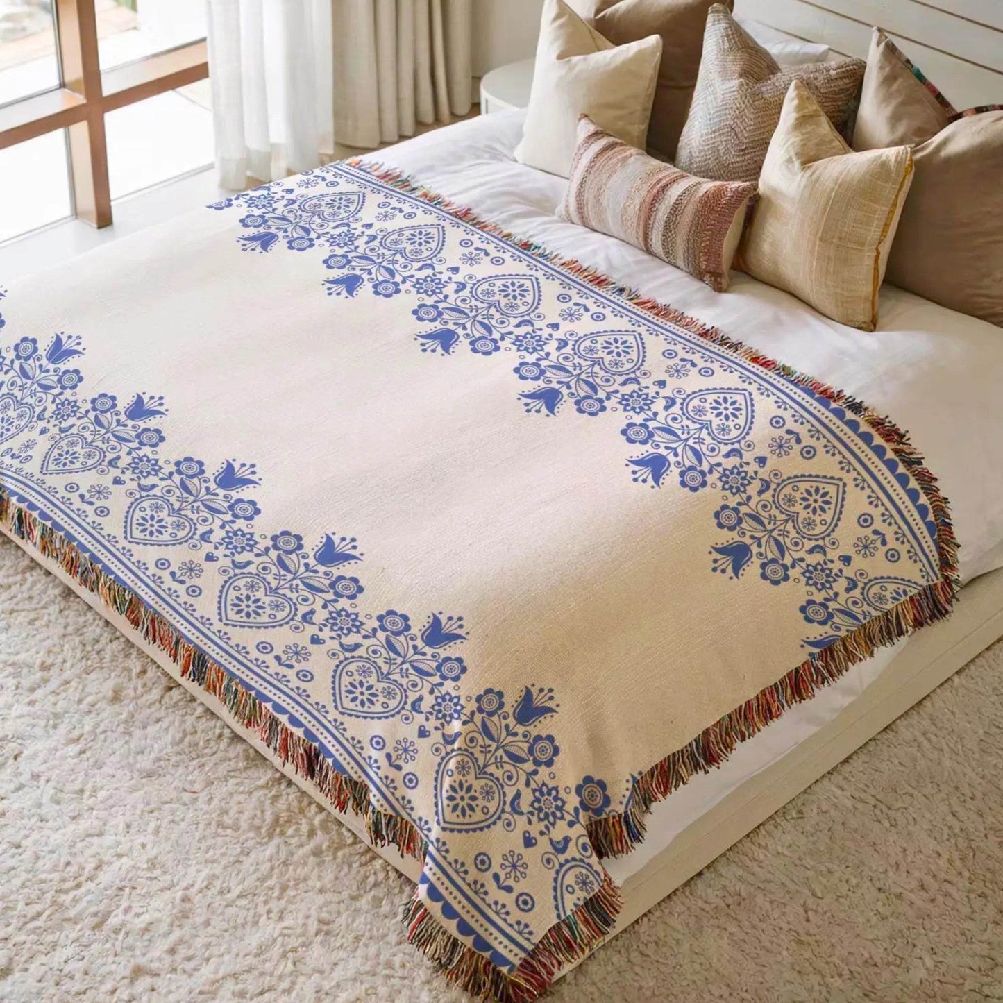 Swedish Woven Blanket – Cozy Scandinavian Throw With Hearts And Tulips Design - timelessbohochic.com