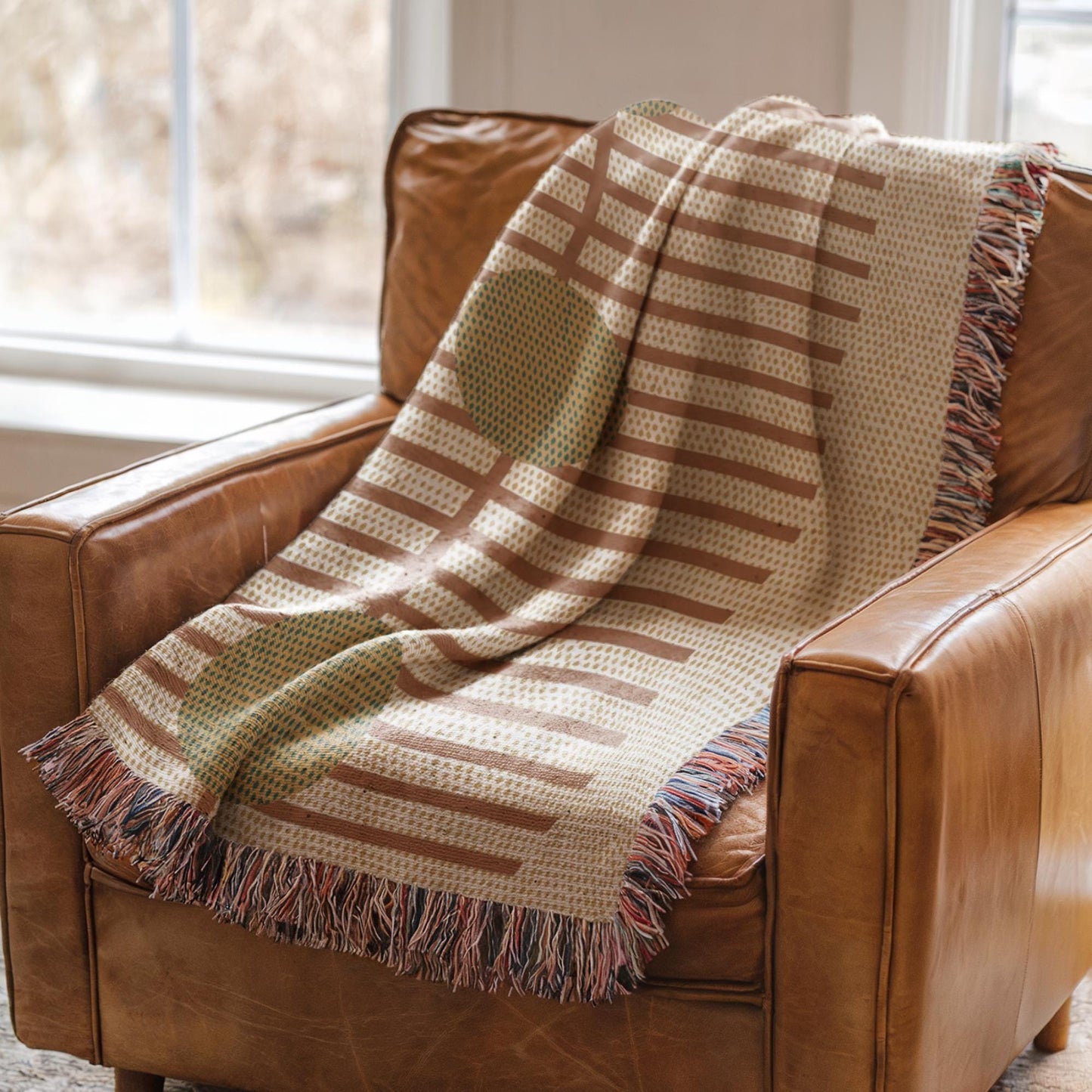 Woven Cotton Blanket - Cozy Rustic Stripe Throw With Green Dots Pattern