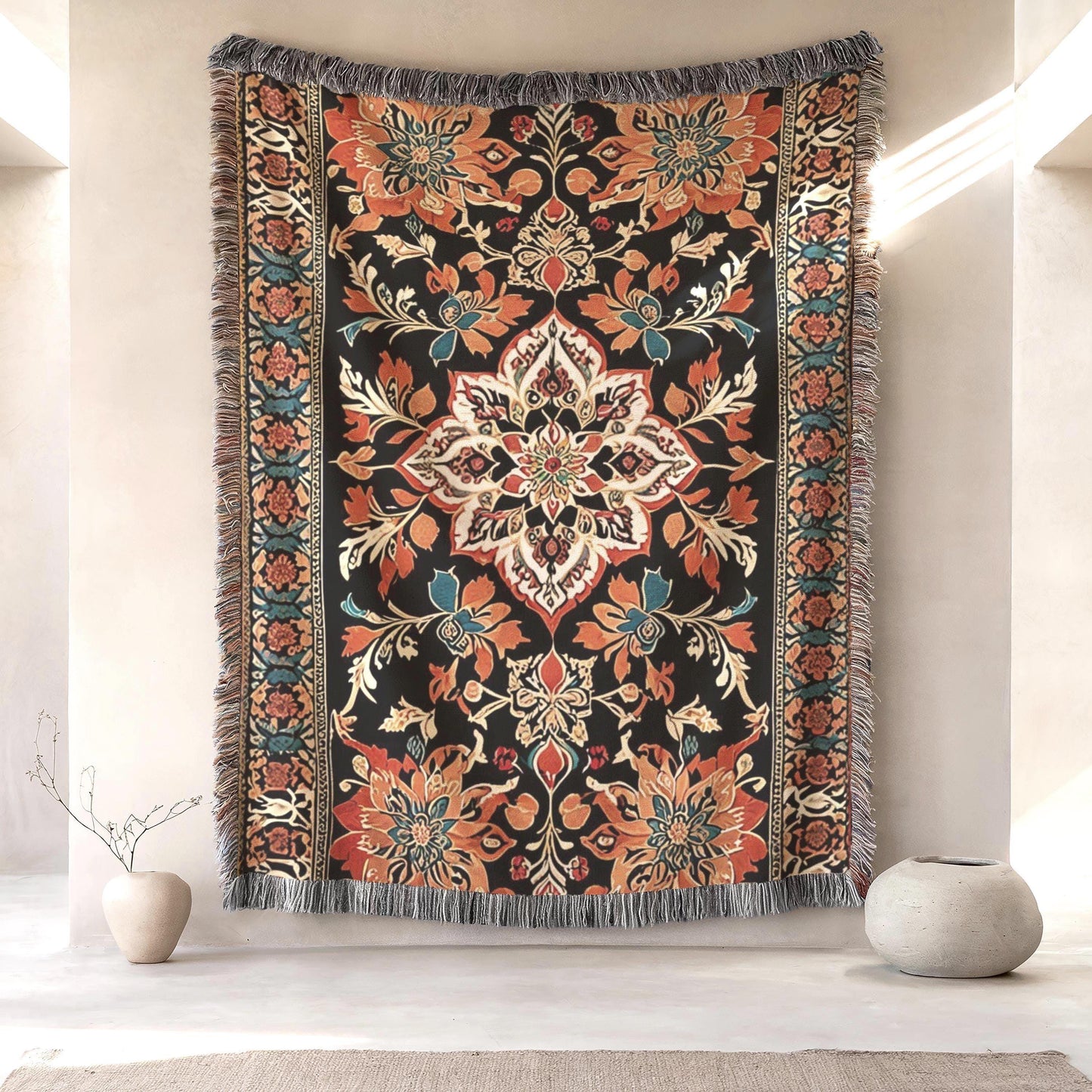 Persian Woven Tapestry - Orange Black Pattern Tapestry | Cozy Wall Hanging Decor