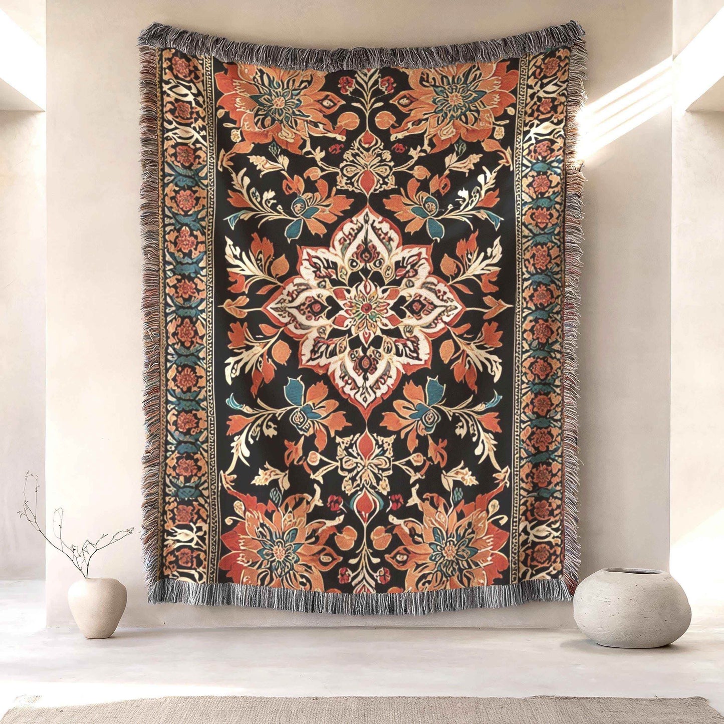Persian Tapestry Wall Hanging - Orange Black Pattern Cozy Woven Tapestry - timelessbohochic.com