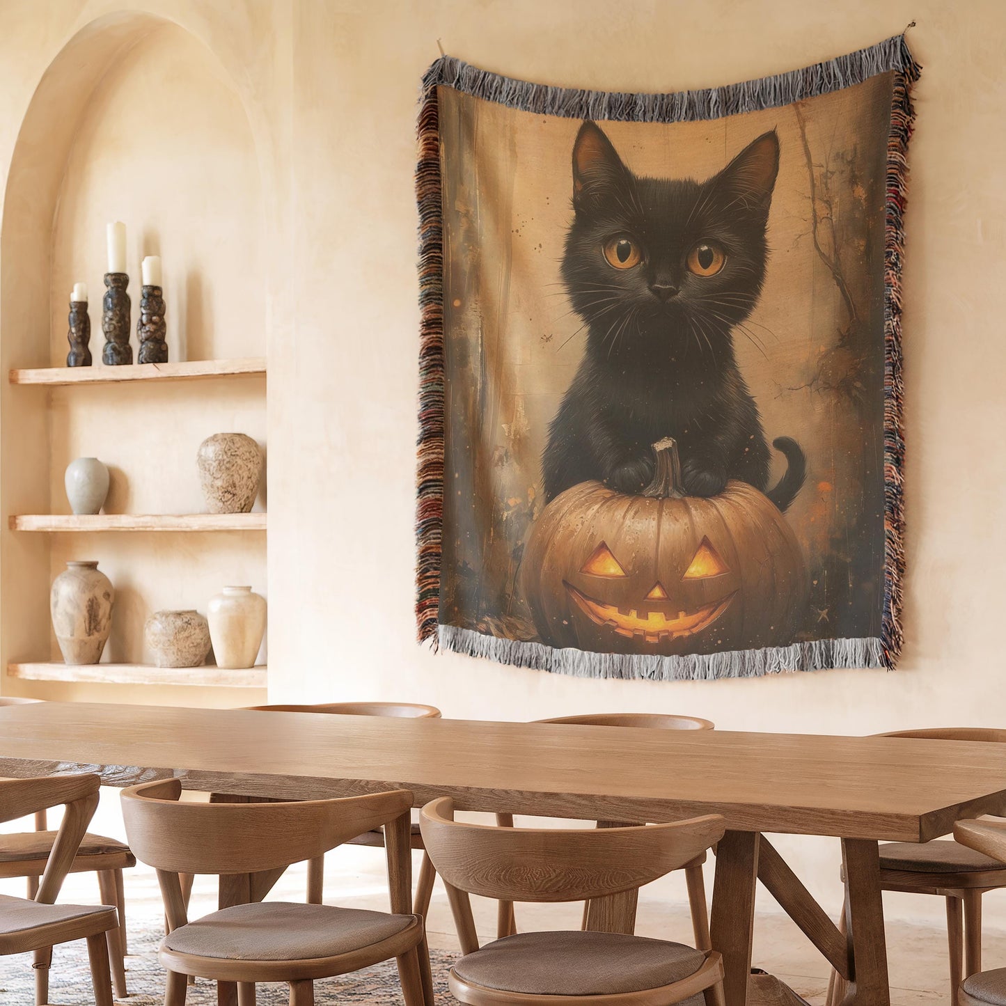 Halloween Throw Blanket – Woven Cotton Cozy Fall Blanket with Black Cat Pumpkin Design