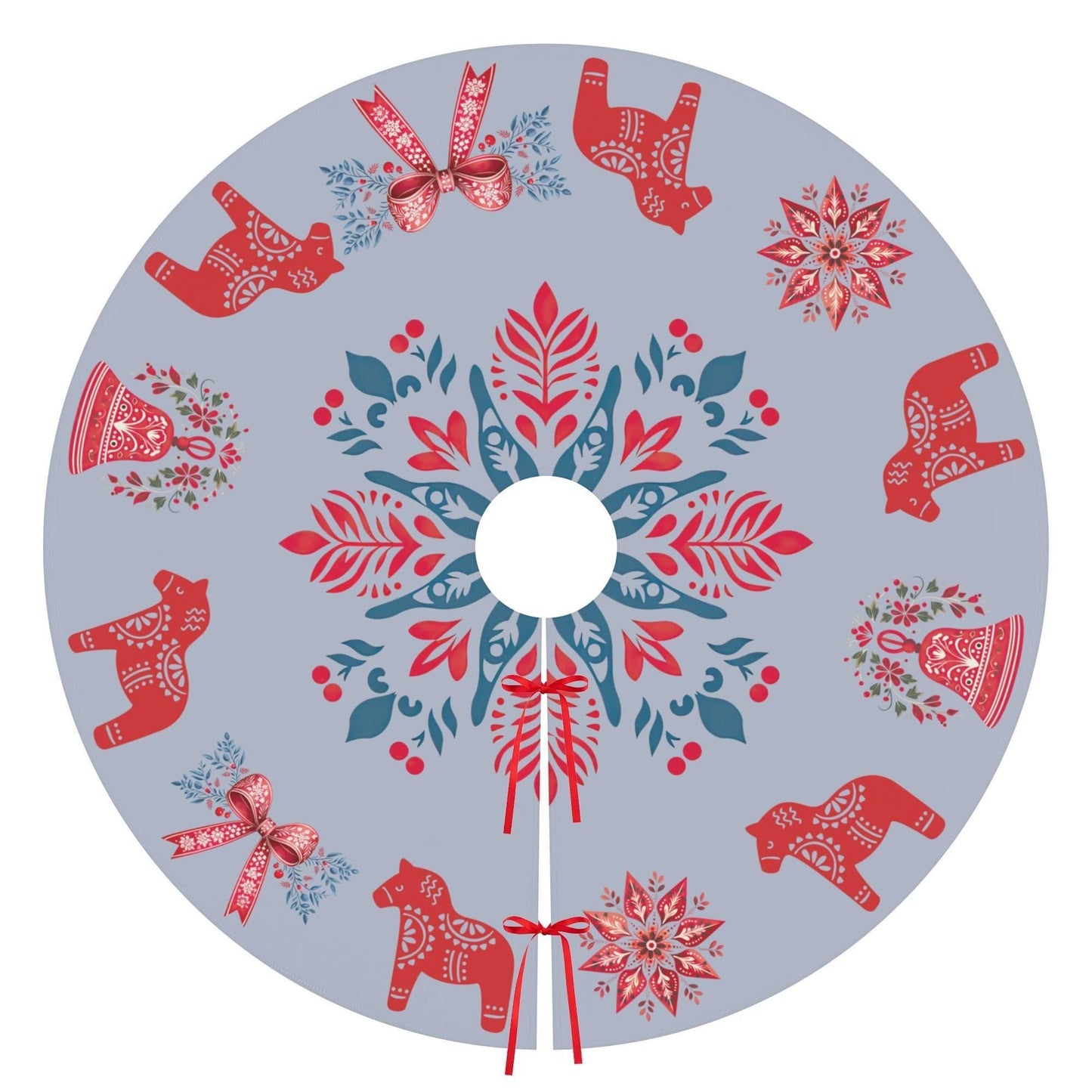 Scandi Christmas Tree Skirt – Nordic Holiday Decor With Dala Horse & Coquette Bow