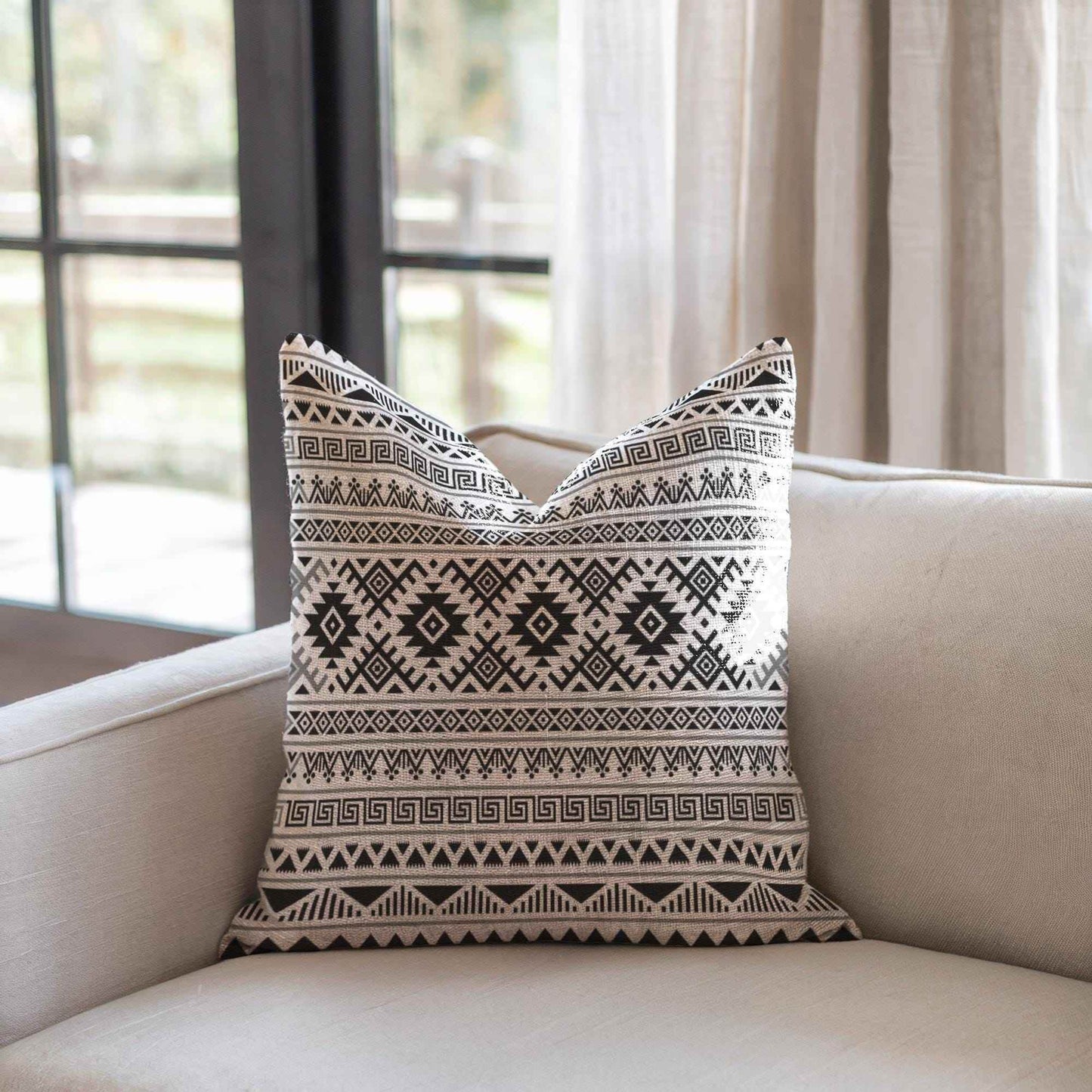 Boho Woven Pillow – Cotton Ikat Pattern Cushion with Fringed Edge Accent - timelessbohochic.com
