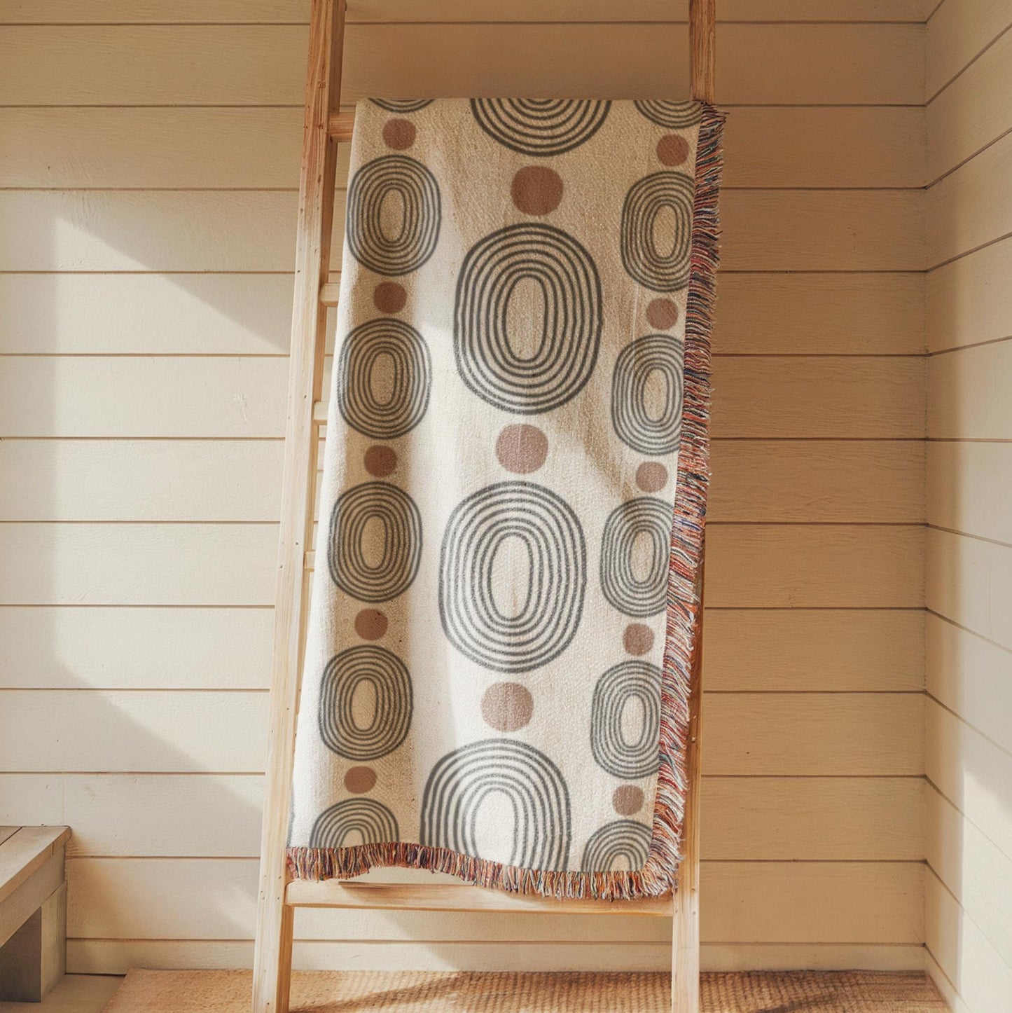 Modern Woven Blanket – Black Ovals Rust Dots | Mid Century Tapestry Throw