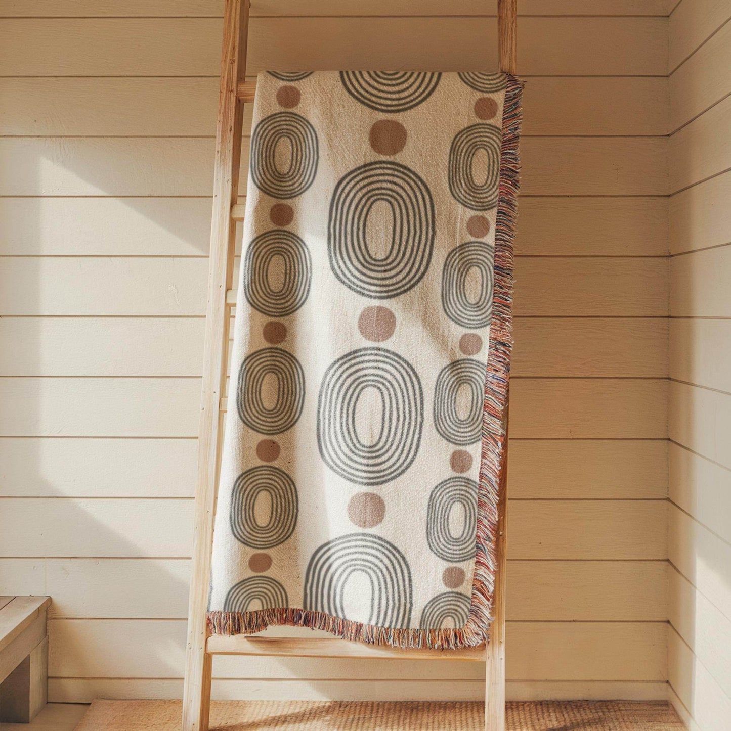 Modern Woven Blanket – Black Ovals Rust Dots | Mid Century Tapestry Throw - timelessbohochic.com